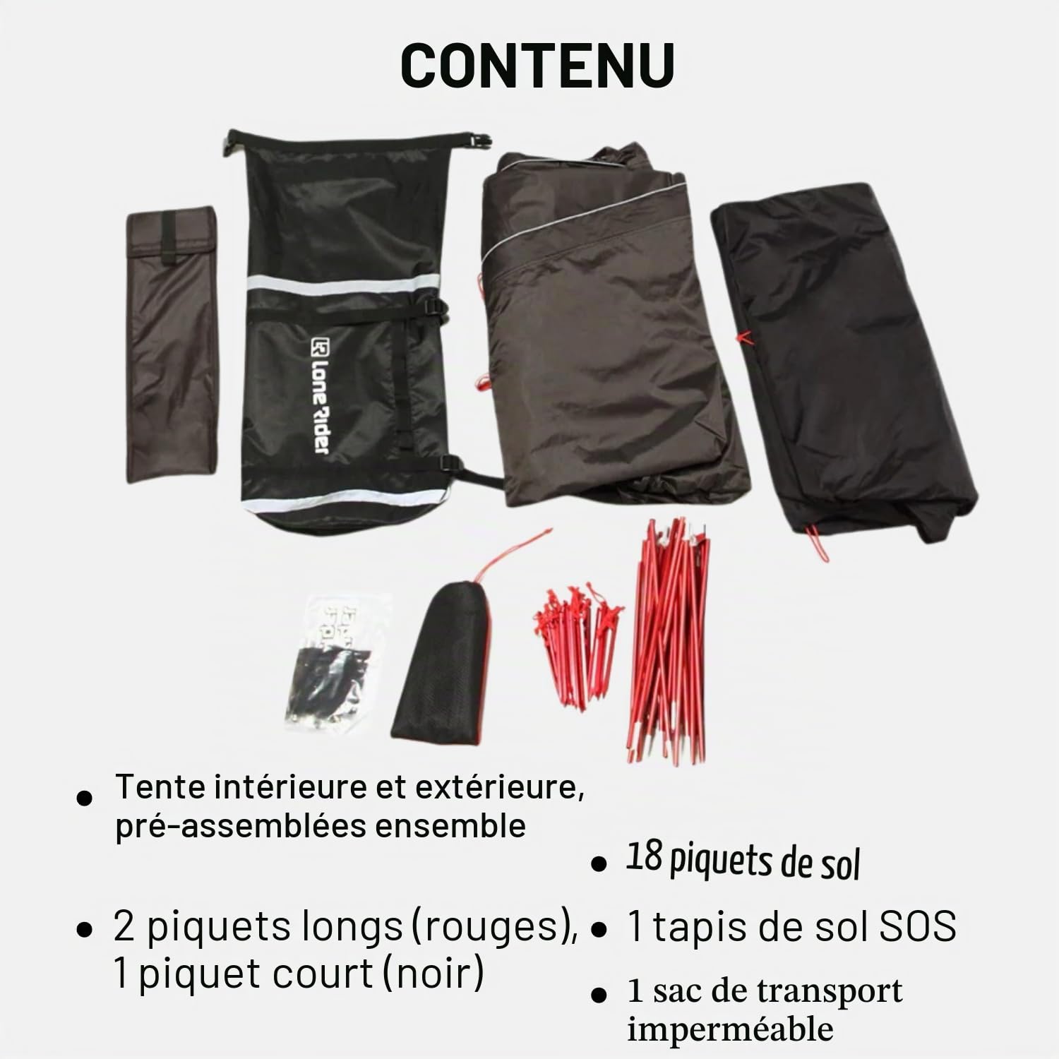 Lone Rider Tente Moto Camping 2 Personnes - Imperméable, Garage | MotoTent 100% imperméable avec garage moto séparé. Sac de transport, tapis de sol & 18 sardines inclus. Montage rapide.