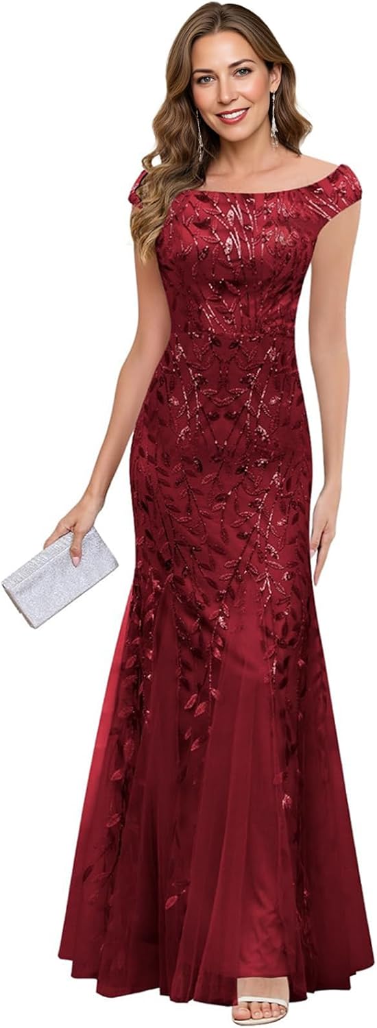 Clixsy Mother of The Bride Dresses - Off Shoulder Sleeveless Formal Gala Sequin Lace Gown