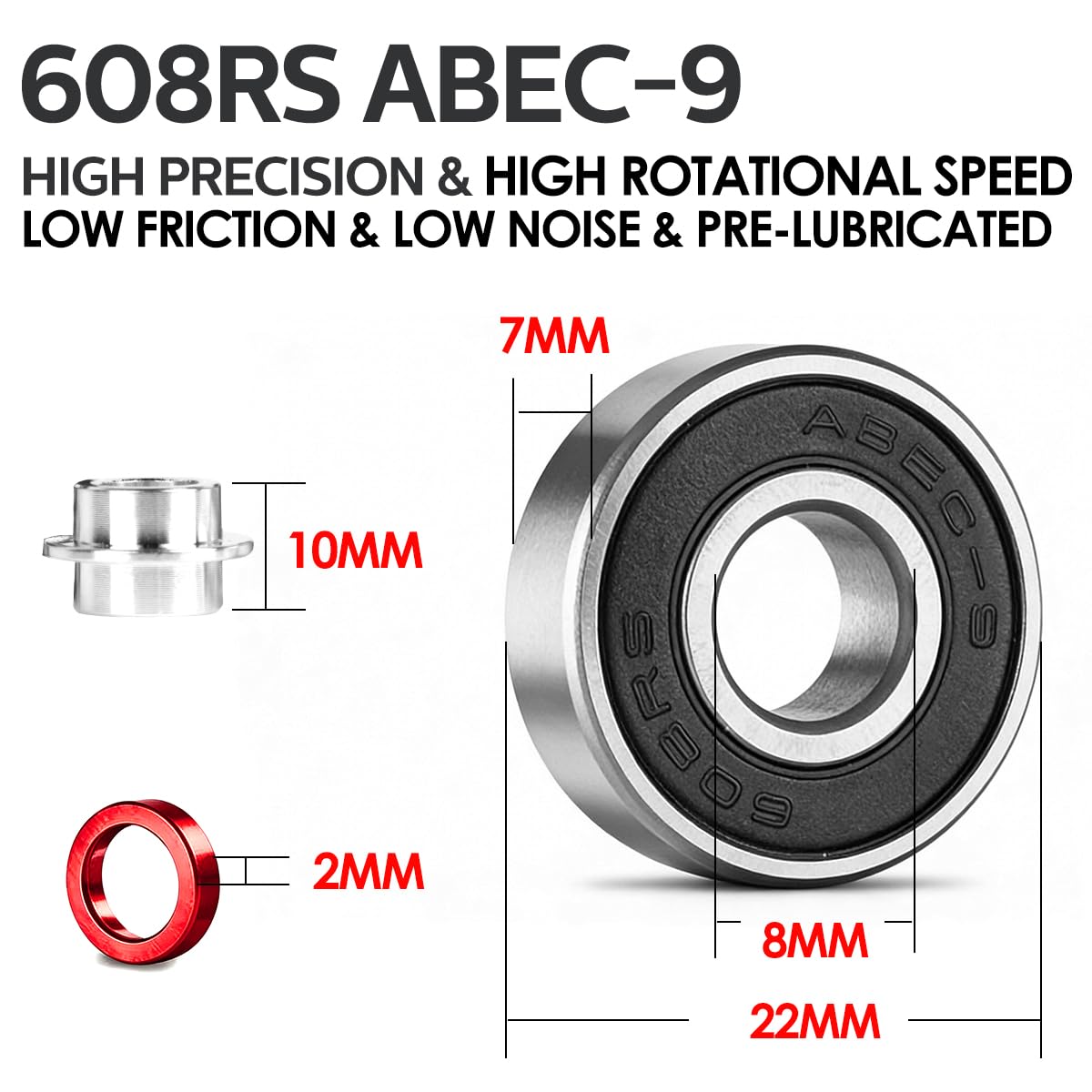 Limit LMT608RS ABEC 9 Ensemble de roulements de précision compatibles avec la plupart des roues pour trottinettes et skateboards