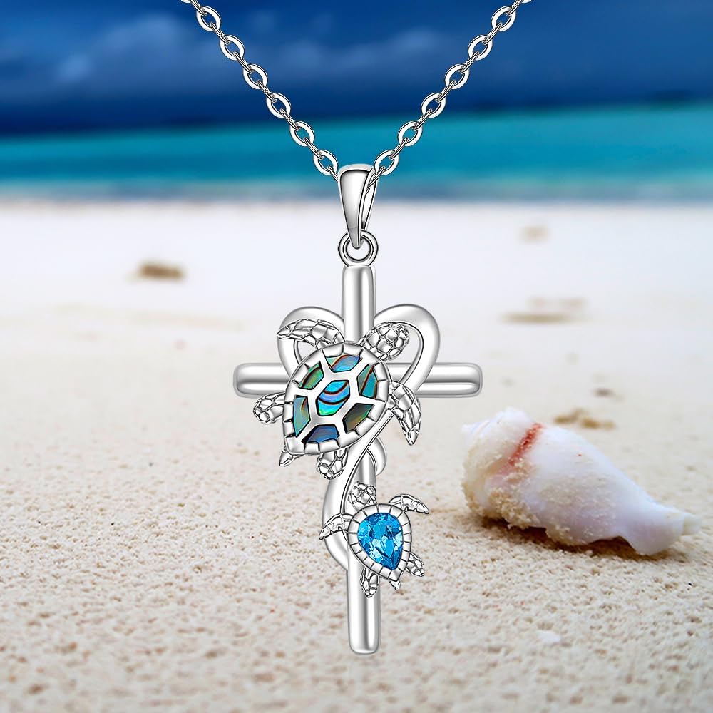 Fenthring Turtle Necklace Sea Turtle Necklace for Women Sterling Silver Cross Blue Opal Abalone Mother Daughter Pendant Jewelry Charm Birthday Mothers Day Christmas Gifts - Image 7