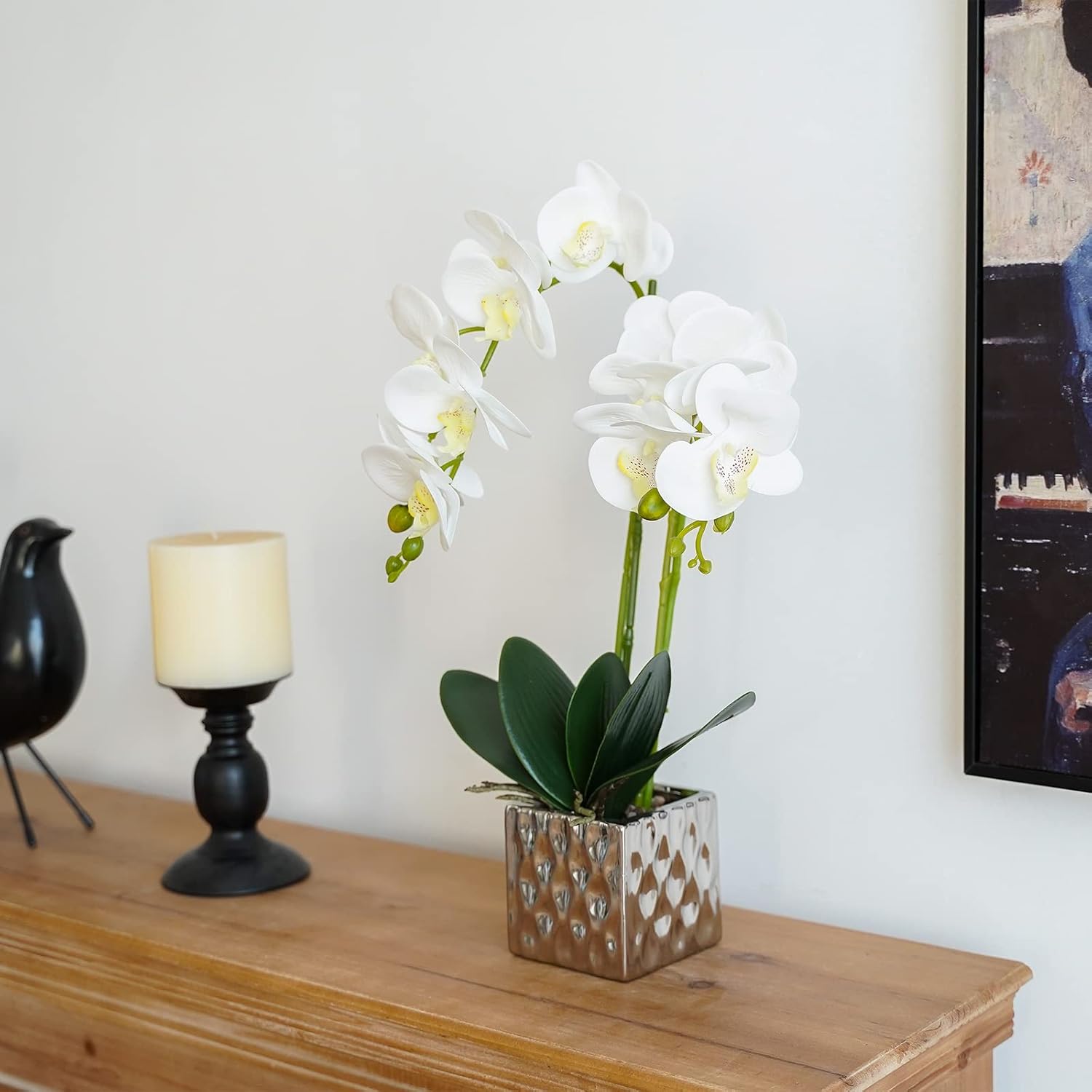 LISU Artificial Orchids, Silver Vases, Home Decoration Flower Arrangements, Fake Flowers in Vases. (C:White) - Image 6