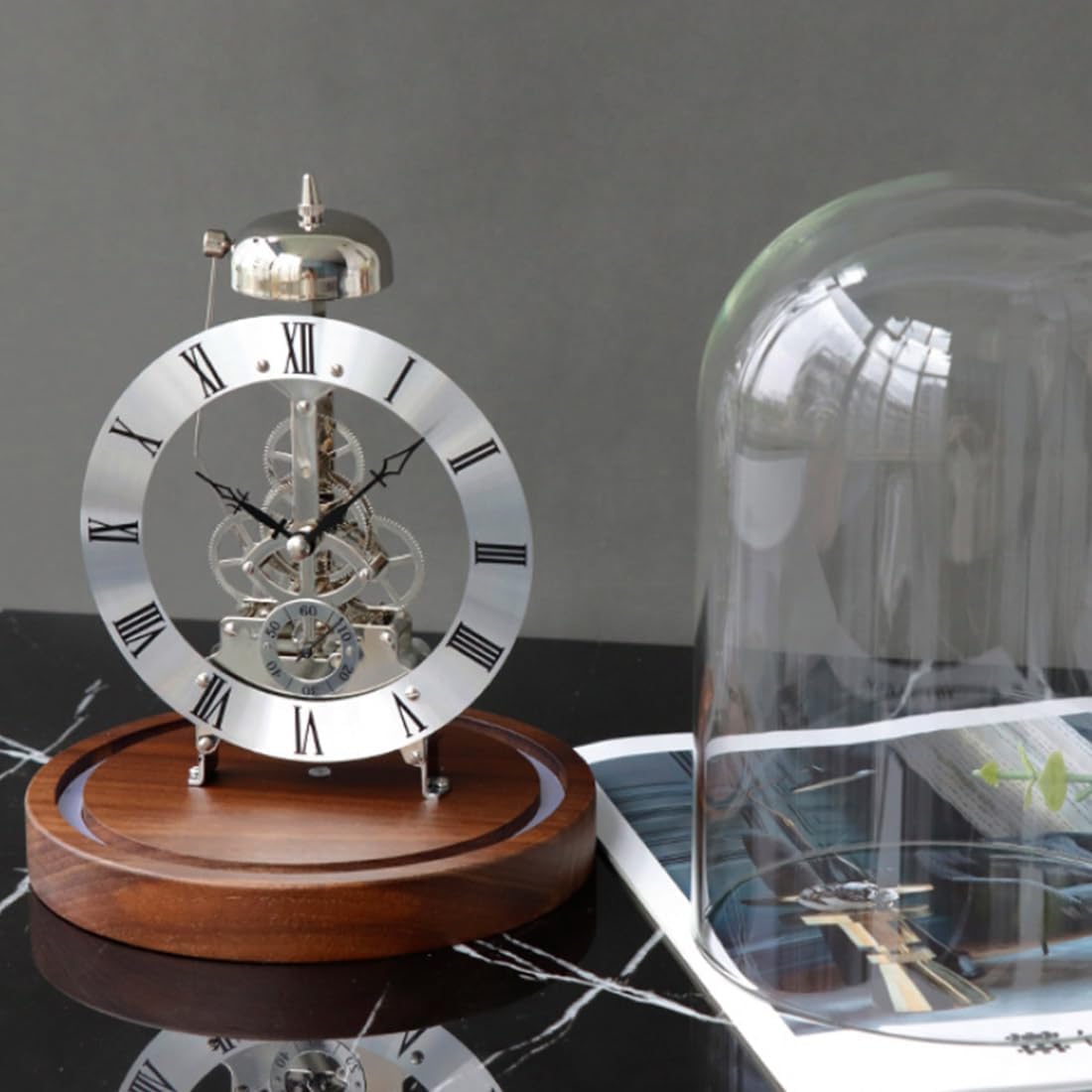 Zegar biurkowy LED, przezroczysty zegar mechaniczny retro, klasyczny zegar kwarcowy ze szklaną kopułą, klasyczny zegar stołowy, lampa LED do sypialni, salonu,