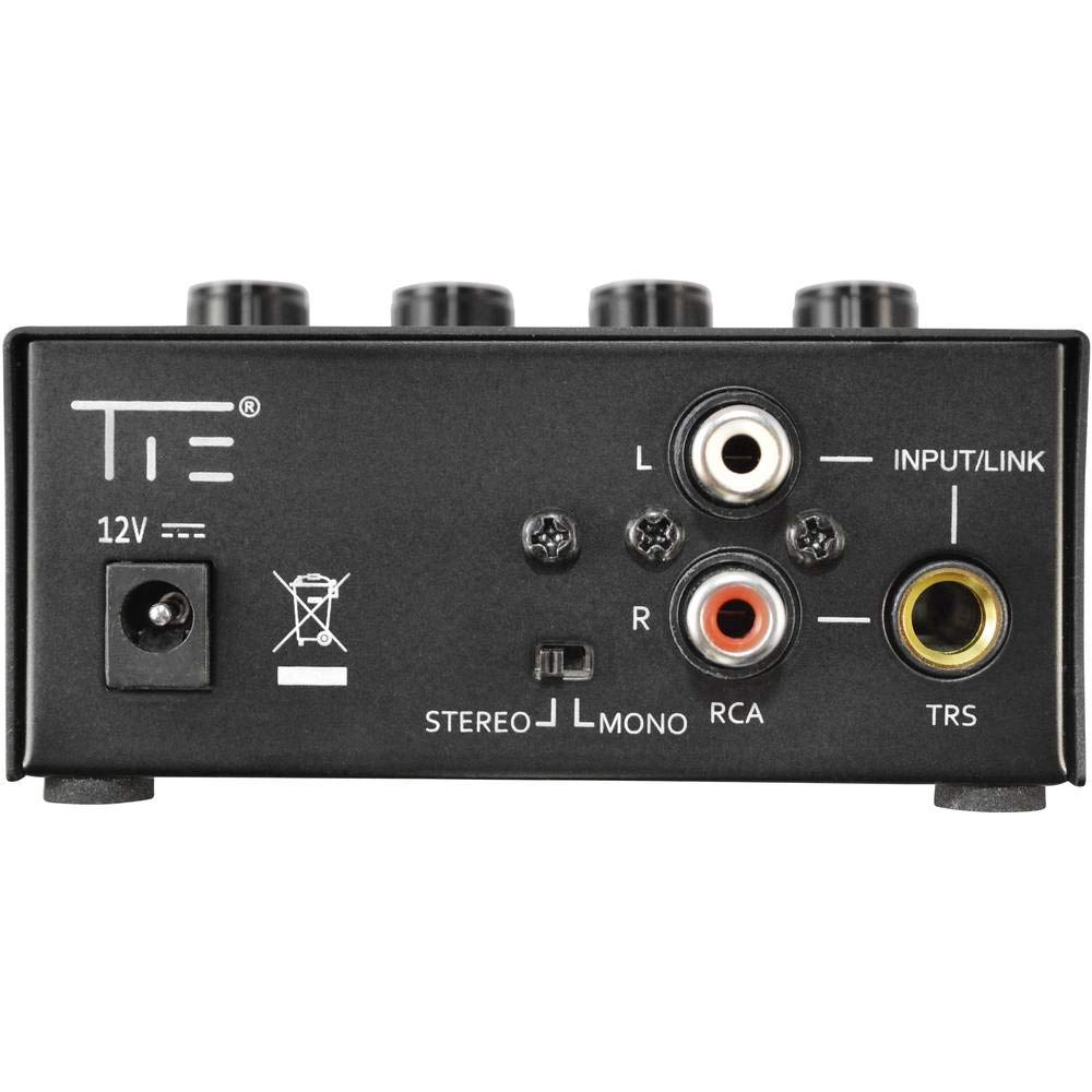 TIE Studio 4CH wzmacniacz słuchawkowy (4-kanałowy wzmacniacz słuchawkowy stereo, kompaktowy i wytrzymały, profesjonalny monitoring, oddzielna regulacja głośności dla każdego kanału), czarny, 19-90009