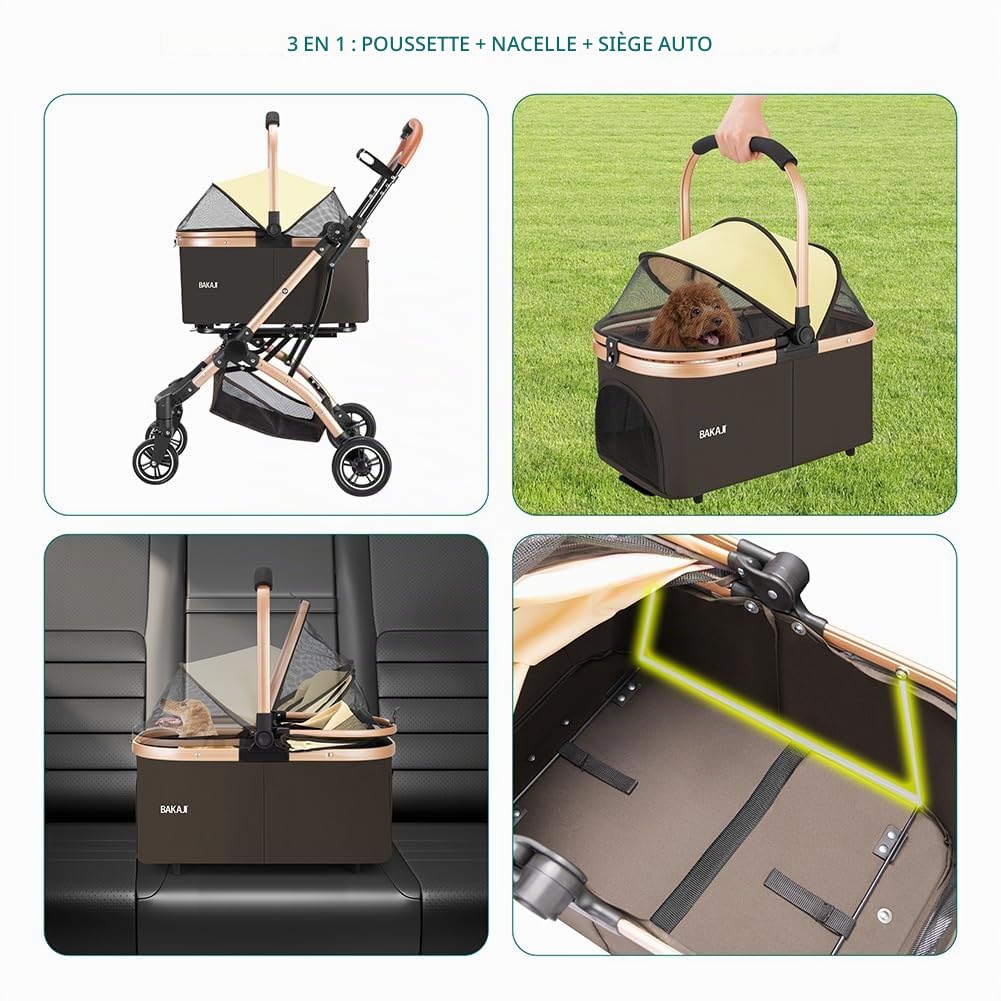 BAKAJI Poussette pour chiens et chats 2 en 1 avec nacelle amovible et fermeture peu encombrante, poussette pour animaux domestiques avec capsule de transport amovible et toit ouvert, poids max. 50 kg