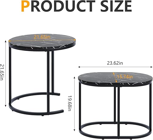 Miniatura 3 de VILAWLENCE Juego de 2 mesas auxiliares redondas modernas de madera de imitación de mármol negro, mesa auxiliar con marco de metal dorado, mesa