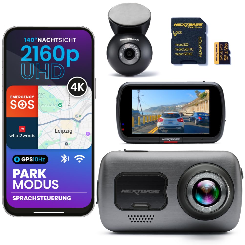 Nextbase Caméra embarquée 622GW avant + arrière 4K UHD, stabilisation d'image, What3Words, GPS & SOS d'urgence Mode stationnement