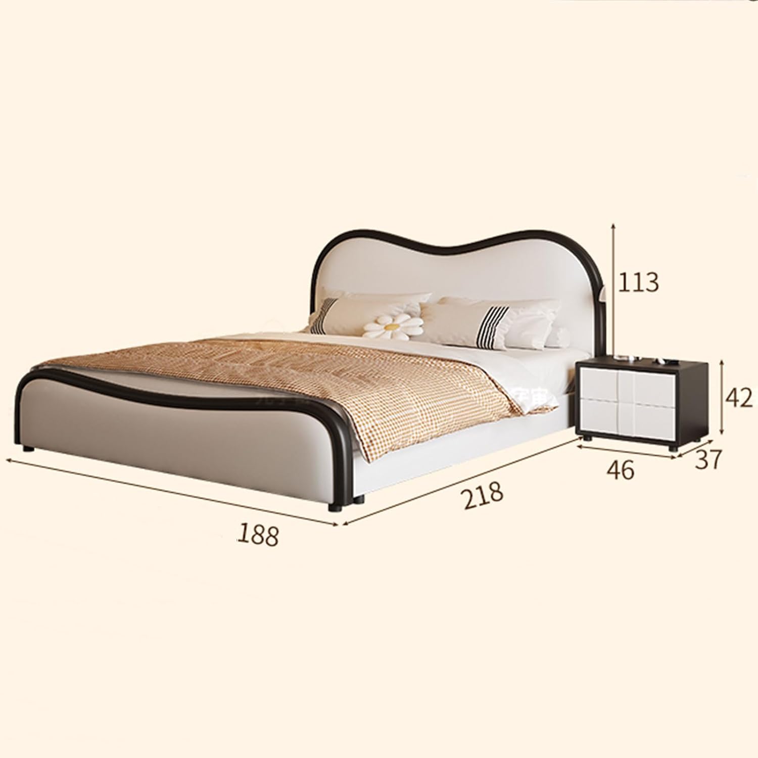 Leather Modern Simplicity Queen Size Platform Bed Ergonomic Upholstered Headboard Wooden Slats Support Noise-Free