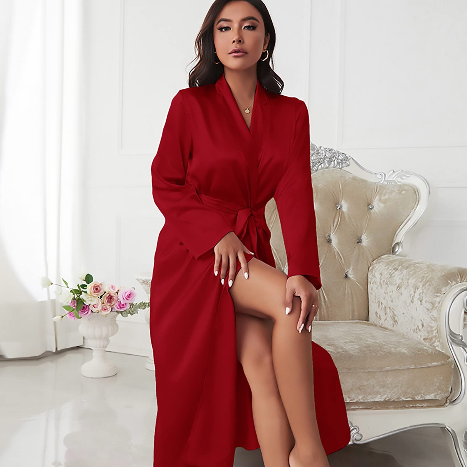 Damen-Bademantel aus Satin, leuchtend roter Seidenmantel für Damen, luxuriöser langer Satin-Bademantel, elegante rote Kimono-Nachtwäsche, weiche Seide, Lounge-Robe mit Gürtel, stilvolle
