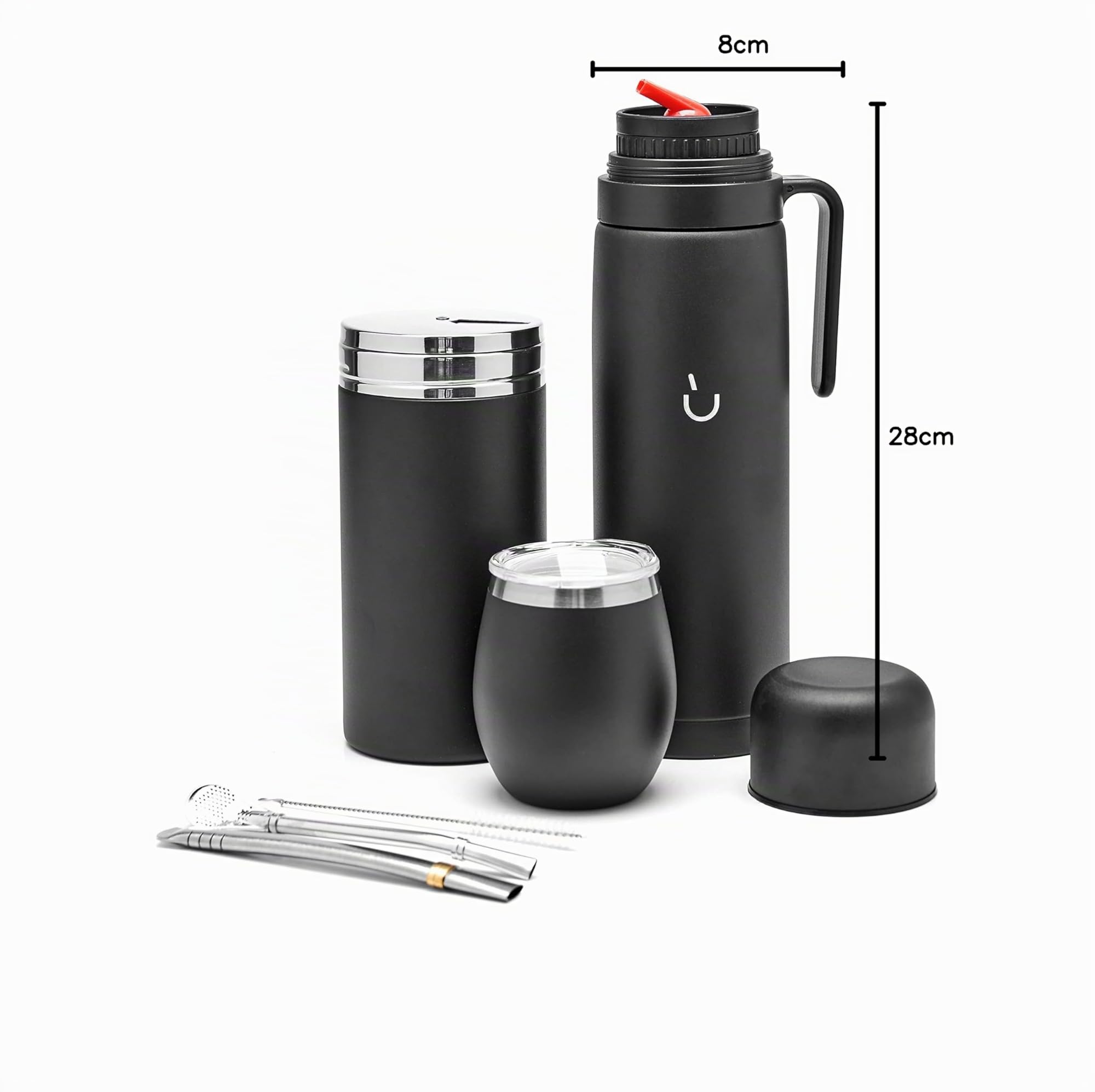 BALIBETOV Yerba Mate Tazza Set - Modern Yerba Mate Tazza, Thermos, Yerba Mate Contenitore (Yerbero), Bombilla (Mate Cannuccia) e Spazzola per la Pulizia - Acciaio Inossidabile 304 18/8 (Nero)