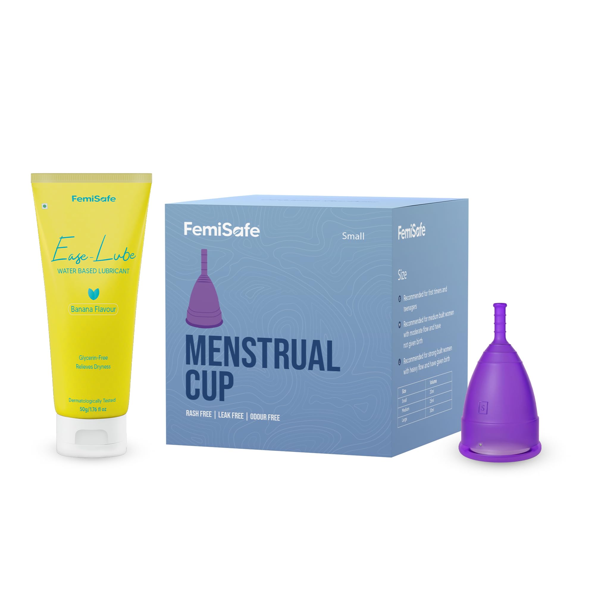 FemiSafe Reusable Period/Menstrual Cup&Water Based Lubricant Combo No Odour&Rashes Made With 100% Medical Grade Silicone Travel-Friendly Microwave Safe Bpa Free&Fda Approved (Small),Pack of 2 Count
