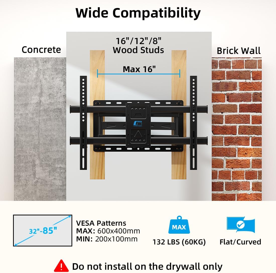 HOME VISION Full Motion TV Wall Mount with Soundbar Bracket, ±65° Swivel & Tilt TV Bracket for 32-85 inch TVs, Dual Articulating Arms fits 8"/12"/16" Studs, Max VESA 600x400mm, 132 lbs
