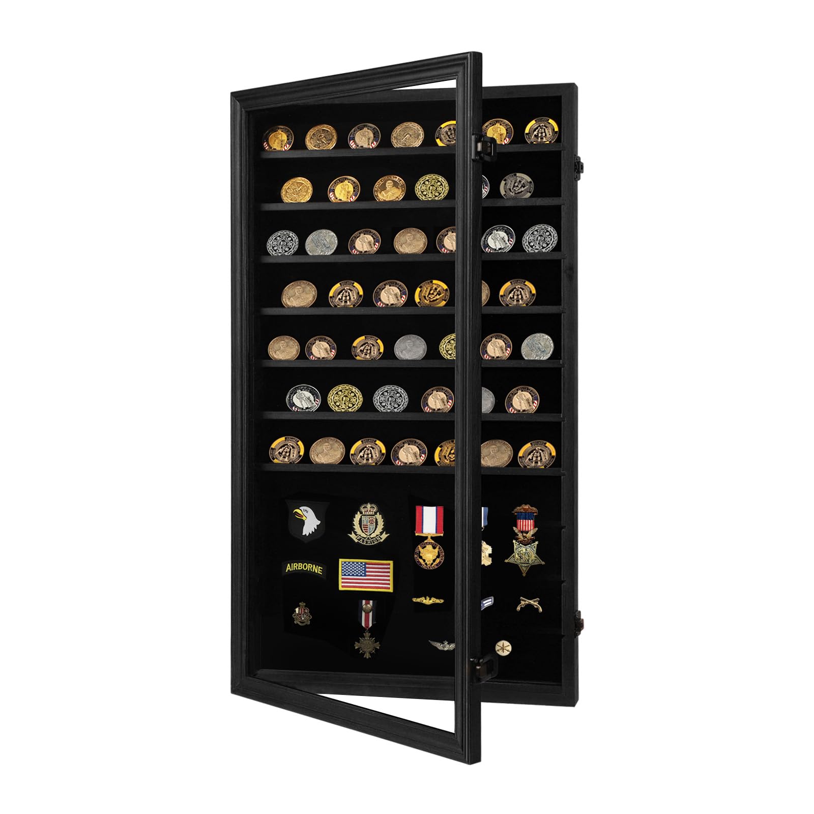 Jinchuan Military Challenge Coin Display Case Lockable Cabinet Holder Shadow Box with Removable 2 Grooves Shelves and Anti Fade Acrylic Glass Door for Casino Poker Chips Collectibles ExtraLarge-Black