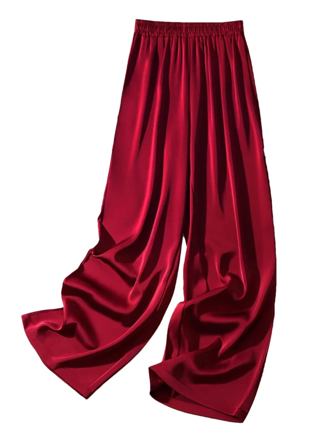 Generic Womens Ice Silk Wide-Leg Pants Elastic Waist Satin Straight Trousers