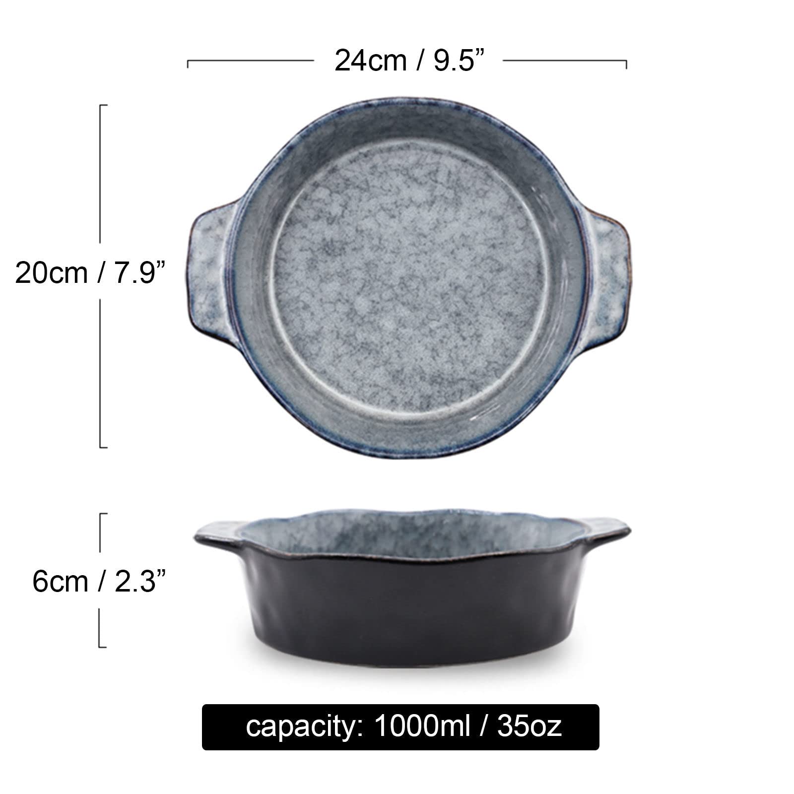 Lasagneform, Keramik-Auflaufform mit Griff, Mikrowellen-Auflaufform, ofenfest, runde Lasagneform, Porzellan-Backform 1000 ml(Gray)