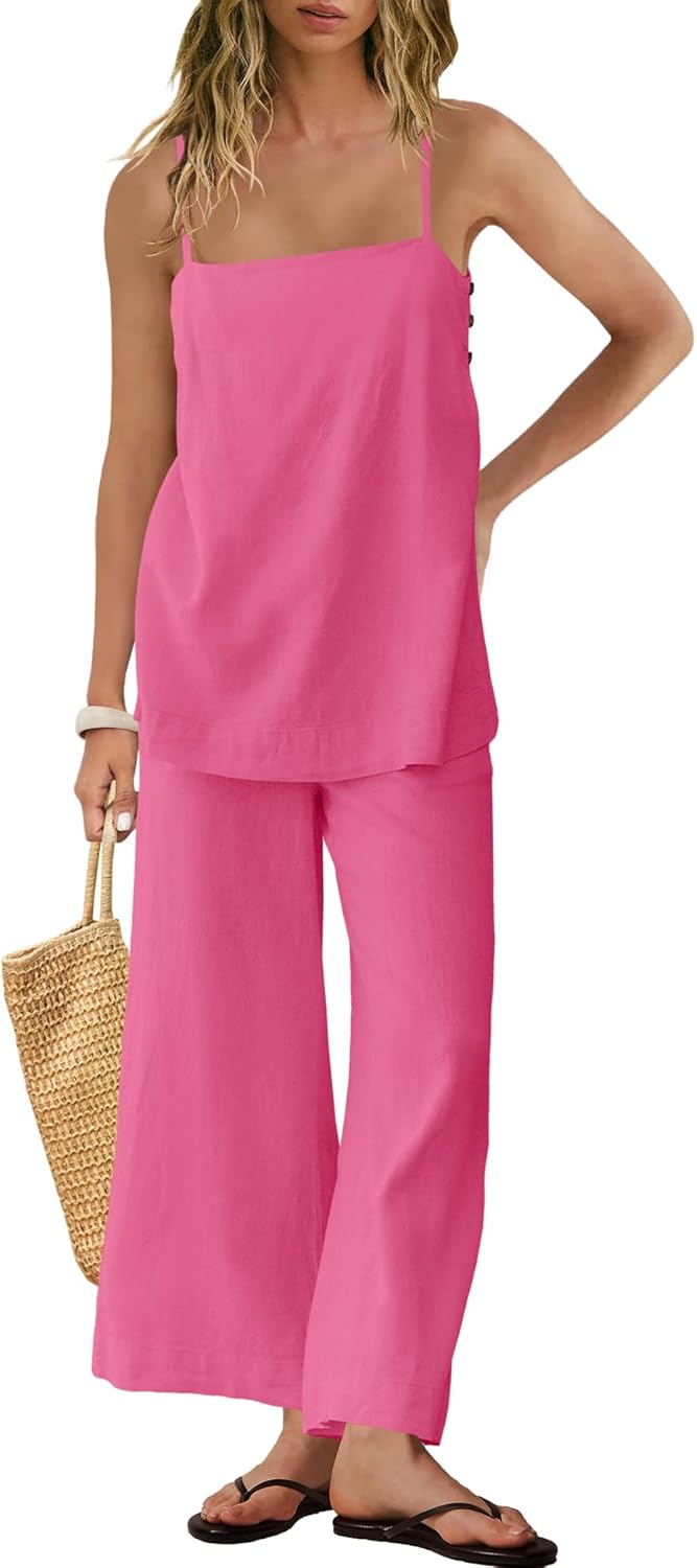 SENSERISE Linen Sets for Women 2 Piece Set Summer Beach Vacation Outfits Spaghetti Strap Tank Top and Pants Sets - Image 2