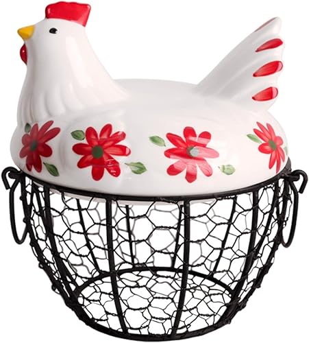 Cesta de almacenamiento de cocina de alambre metálico con cubierta de pollo de granja de cerámica, soporte para huevos frescosestuche