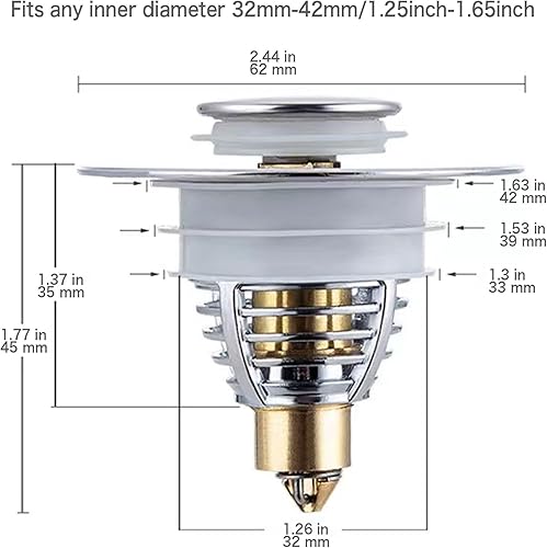 Fits Any 1.25” to 1.65” Wide tub Drain Stainless Steel Sink Cover, pop-up Universal Odor Resistant Sink Drain with Silicone Gasket, and Shower Cap