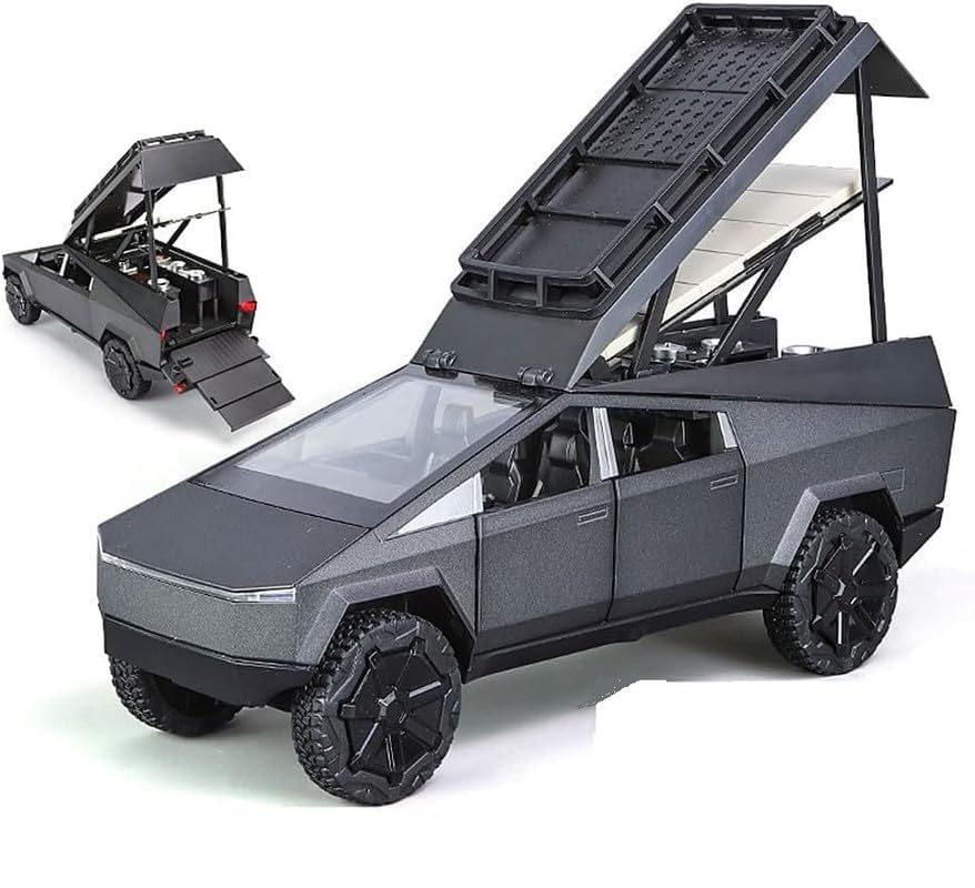 Image of 1:24 Scale Big Tesla Cyber Truck Pickup Camping RV Toy Car | Metal Pullback Diecast Car for Kids with Openable Doors, Sound, Light Effects Toy for Car (Color As Per Available), Black