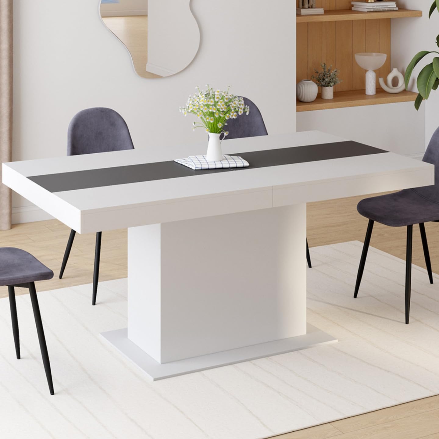 IDMarket - Tavolo da pranzo rettangolare allungabile EDEN 6-10 persone bianco con fascia centrale grigia 160-200 cm