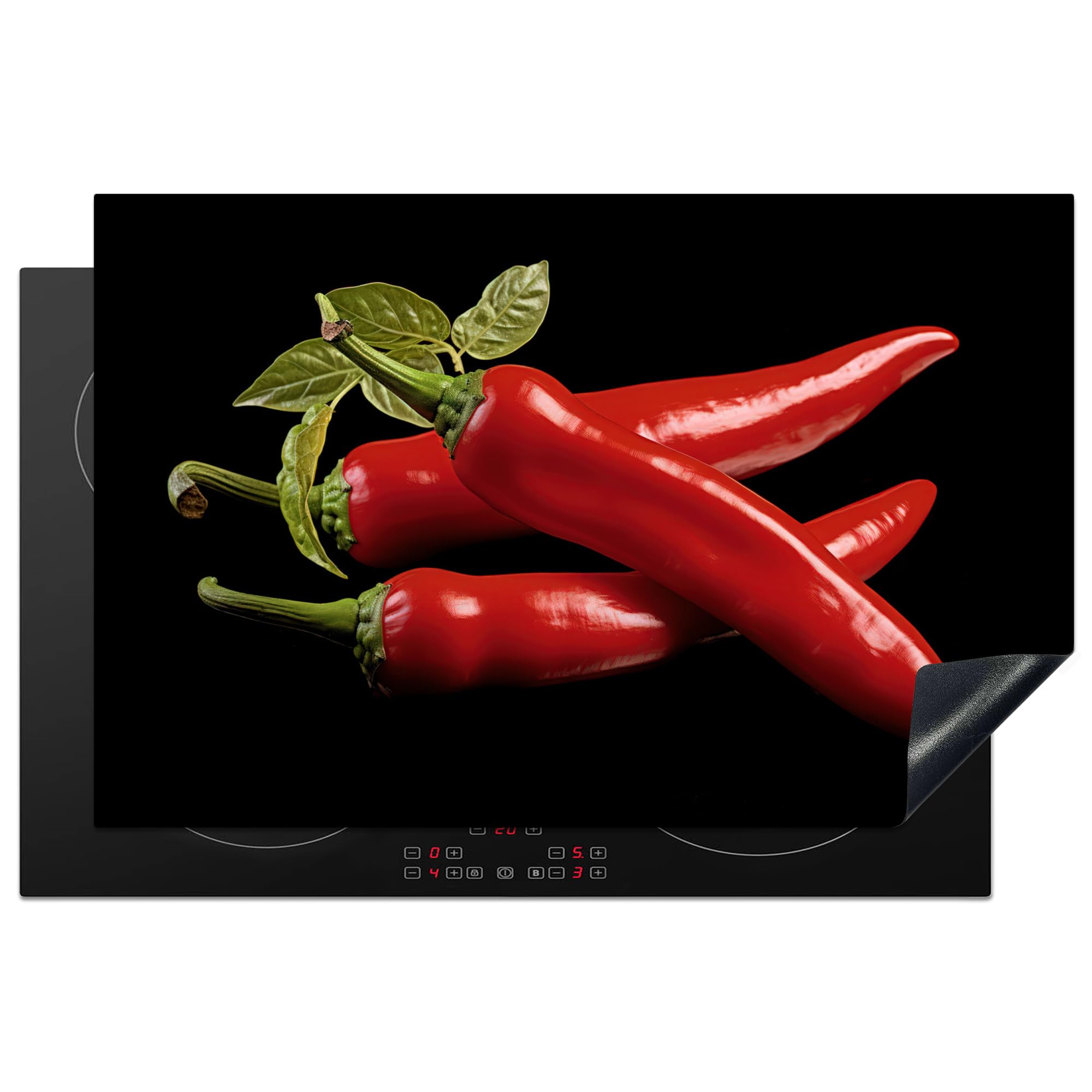 KitchenYeah© Induction Hob Protector Mat 20.5"x31.5" / 80x52 cm Cooker Top Protectors Cover Ceramic Covers Electric Hobs Vinyl Red Pepper - Red - Herbs - Spices - Black