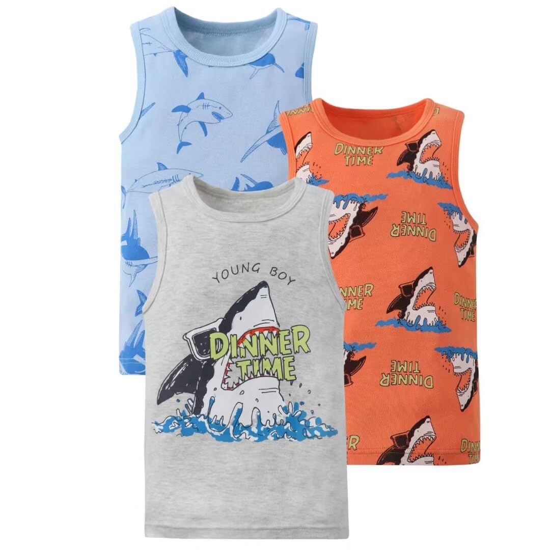 benetia Toddler Baby Boys Cotton Sleeveless Tank Top Cartoon Dinosau Undershirts Kids 18 Months- 8Years 3-Pack