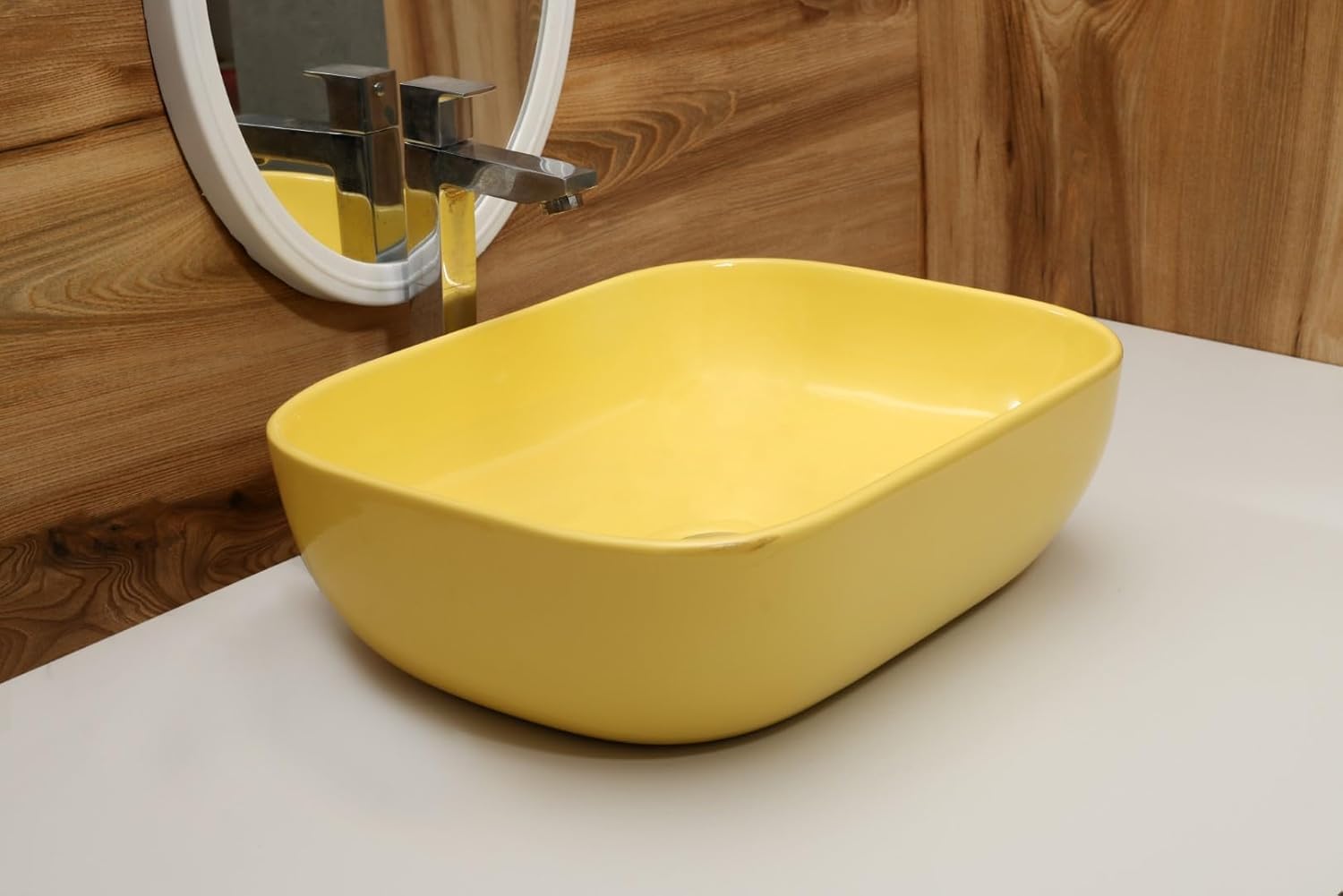 MAHISRE Ceramic Countertop Wash Basin | Designer Table Top Bathroom Basin Sink | Vessel Sink Wash Basin Over Counter for Bathroom, Hotel, Home Living Room (18x13x5.5 Inch) (Glossy Yellow)