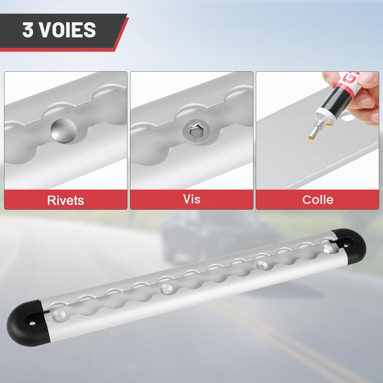 EXLECO 2pcs 30cm Rail D'arrimage Rond en Aluminium Rails Aero Argent, Anodisé Kit de Démarrage Rails D'aviation avec Anneau Arrimage & Embouts, Rail Aeronautique avec Trous pour Remorques Camions