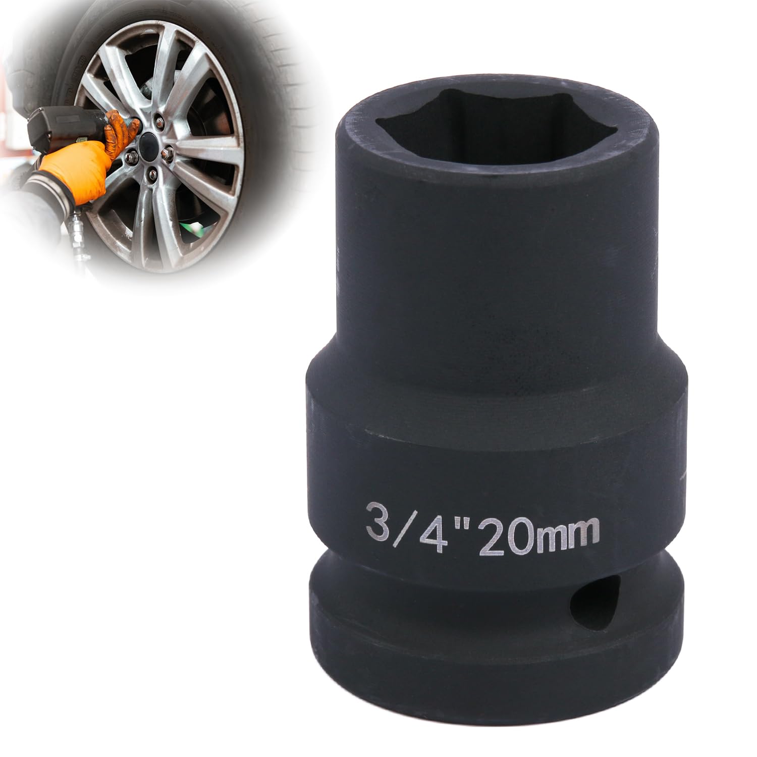 Deep 6-Point Impact Socket 3/4" Drive 20mm,Chrome Molybdenum Steel, Anti-Rust Metric Hex Socket for Car Repairs and Impact Wrench