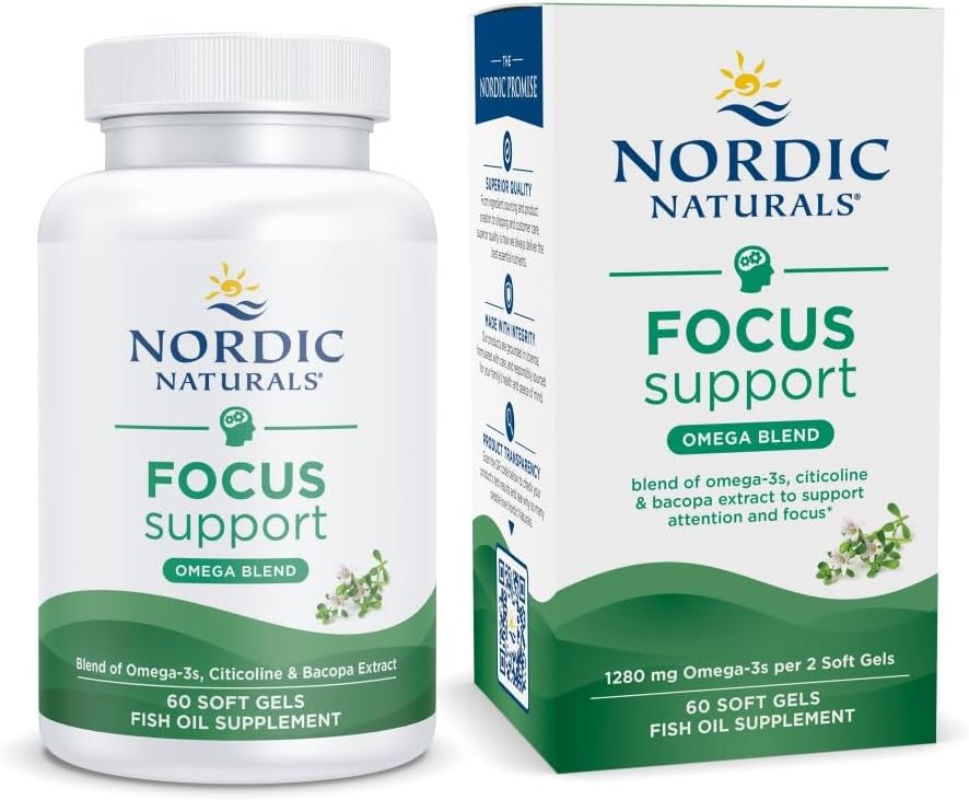Nordic Naturals Omega Focus, Lemon - 60 Soft Gels - 1280 mg Omega-3  Citicoline &amp; Bacopa Monnieri Extract - Focus, Attention, Memory, Brain Health - Non-GMO - 30 Servings