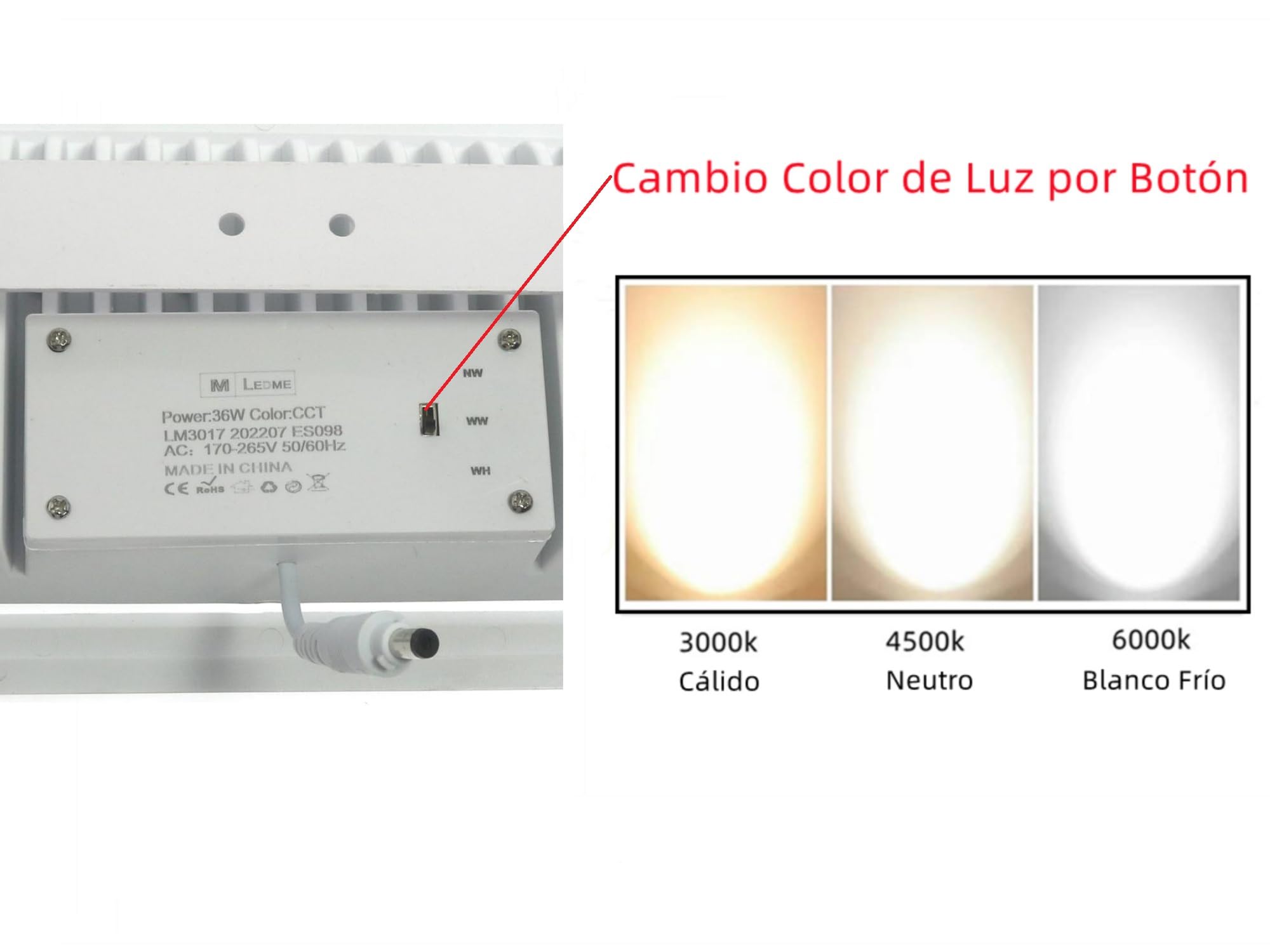 ONSSI Foco Proyecto de Techo LED 36W 3600lm,Rectangular 240x150 mm,Blanco Frío (CCT Regulable en Blanco-Neutro-Cálido), Marco Blanco Empotrado