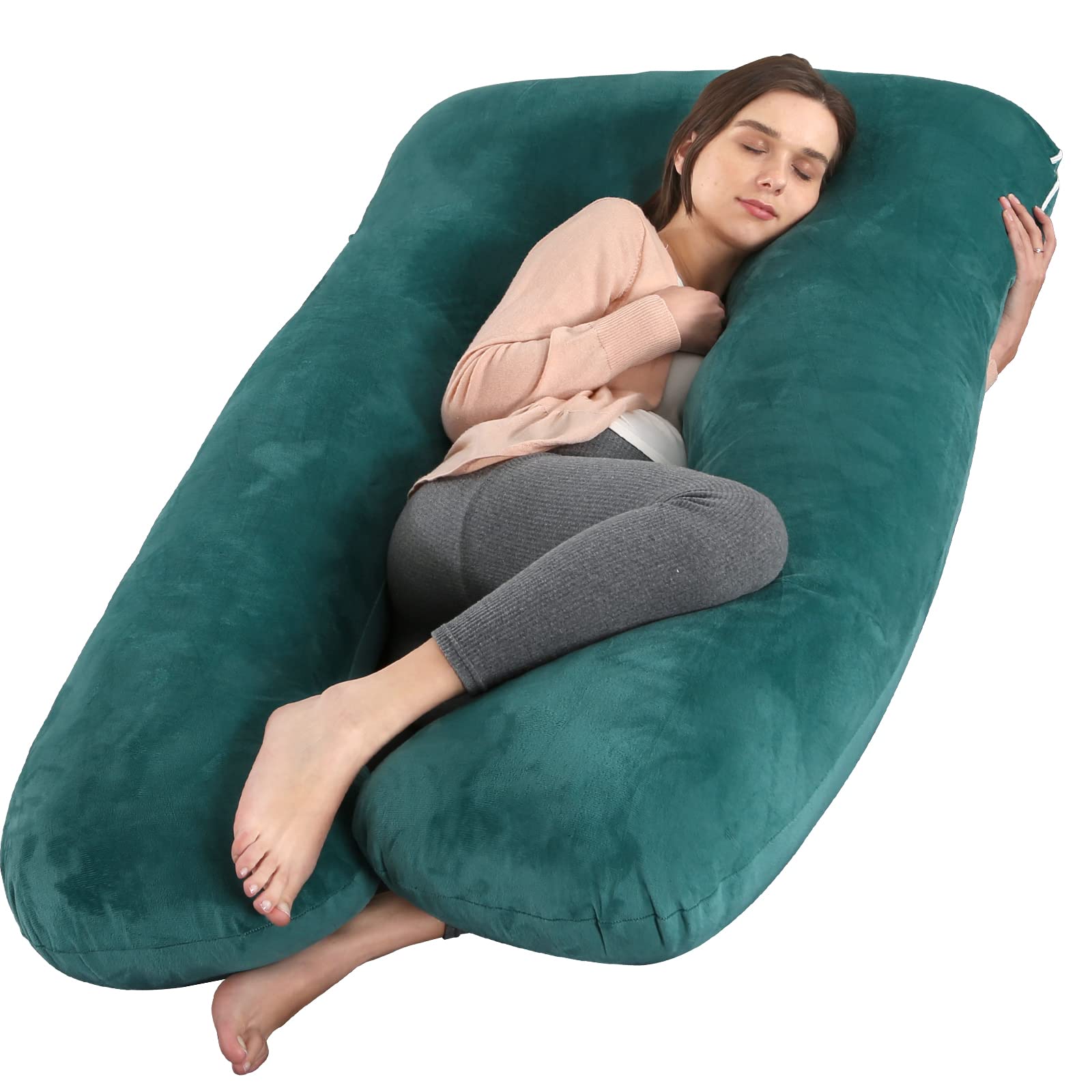 Amagoing 57 inches Pregnancy Pillows for Sleeping, U Shaped Maternity Full Body Pillow for Pregnant Women with Hip, Leg, Back, Belly Support, Washable Velour Cover Included (Teal Green)