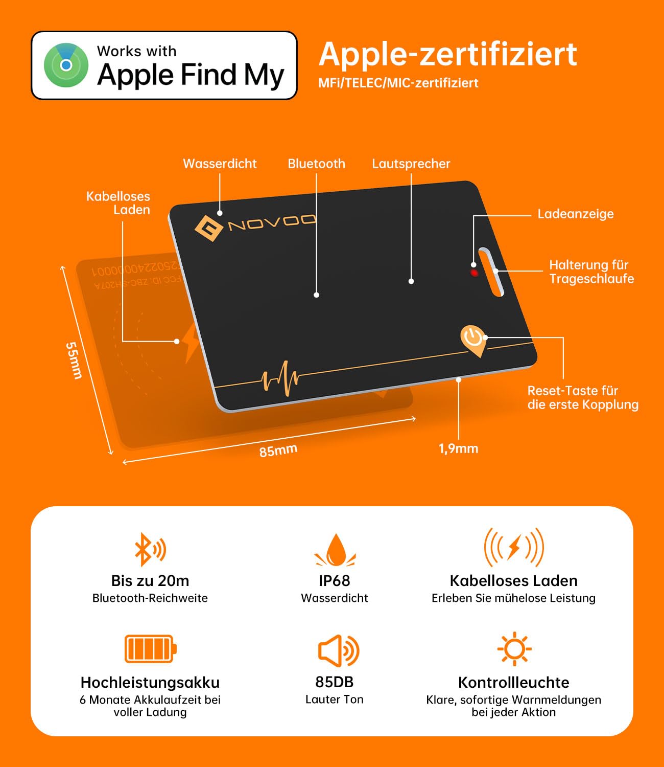 NOVOO Wiederaufladbarer Tracker 2er Pack Air Tag Karte Slim kompatibel mit Apple Find My (nur iOS),Bluetooth SmartTag Item Finder, IP68 wasserdicht,Dünne Geldbörsenfinder für Reisekoffer/Geldbeutel