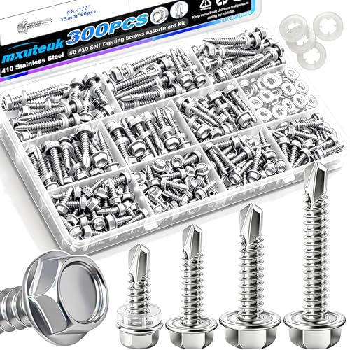 mxuteuk 300PCS #8#10 Self Tapping Screws for Metal,410 Stainless Steel Self Drilling...