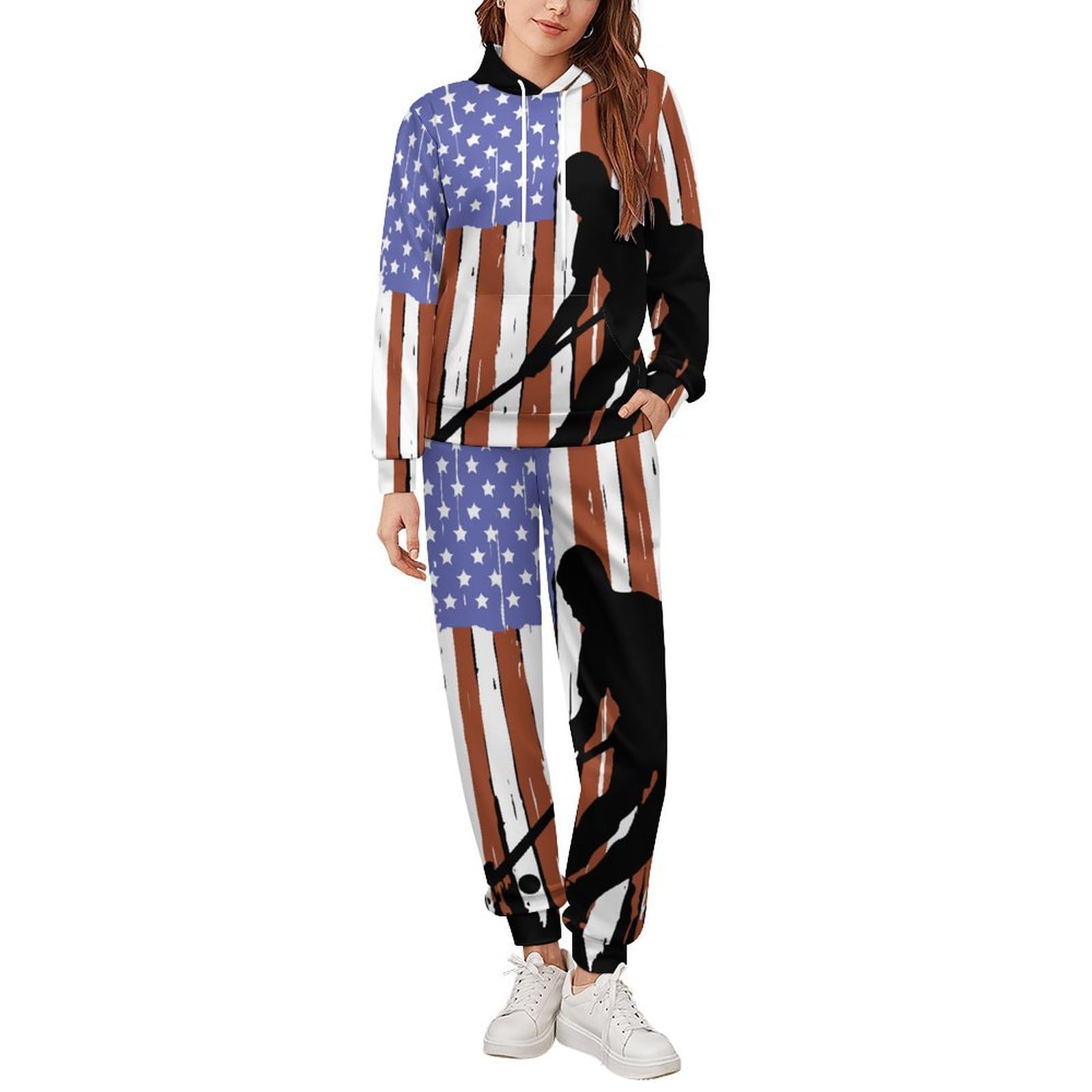 Tuta da hockey su prato con bandiera degli Stati Uniti per gli uomini a maniche lunghe felpa con cappuccio e pantaloni della tuta Set di tute alla moda