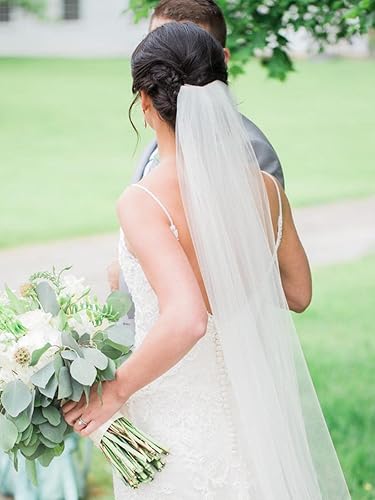 Miniatura 7 de CASDRE Velo de novia de 1 nivel en la cintura, longitud de los dedos, velos de tul para novia, borde cortado con peine para novias (40 pulgadas)