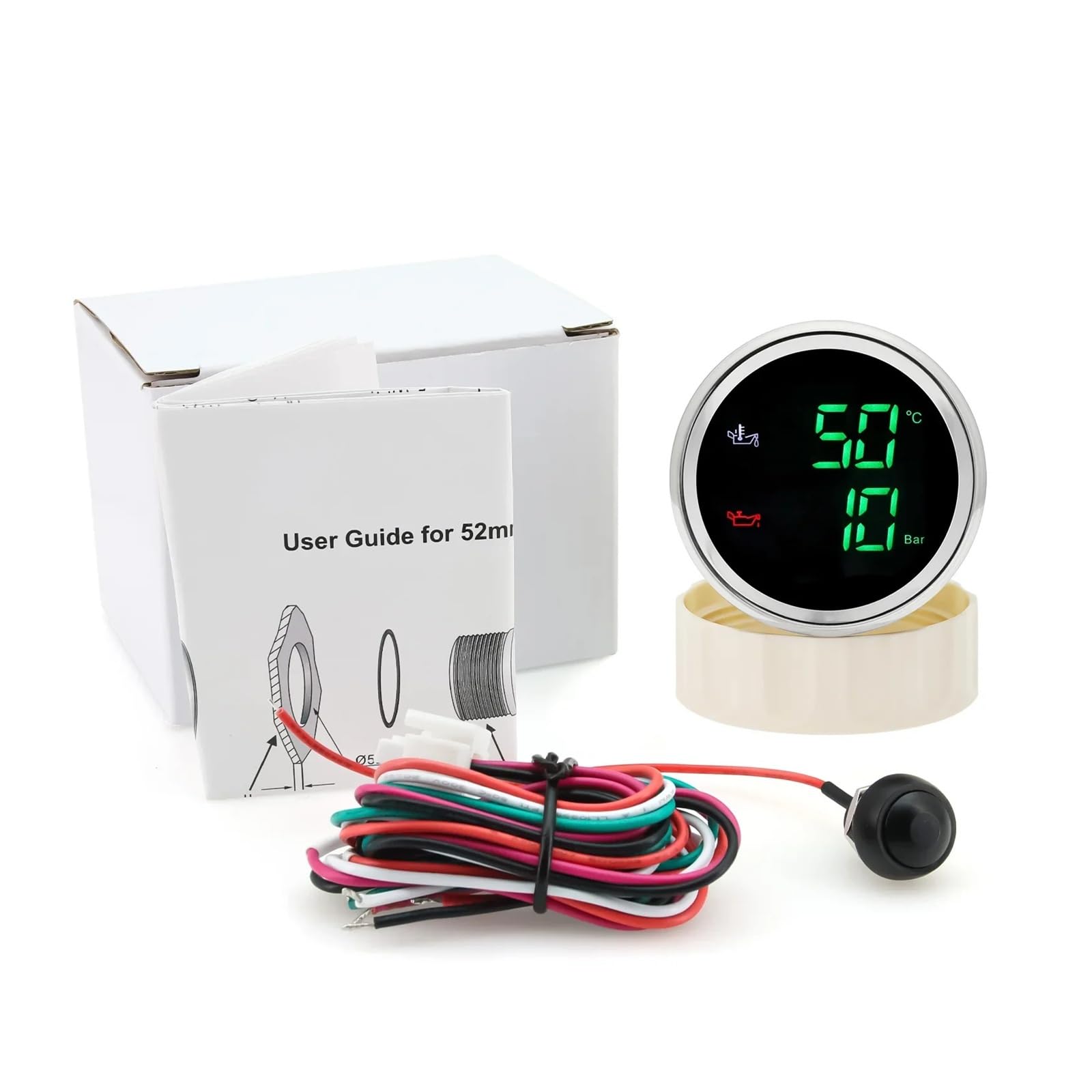 Cyfrowa temperatura oleju 2 w 1 + wskaźnik ciśnienia oleju Zielona czerwona dioda LED 52 mm Wskaźnik z czujnikiem do łodzi samochodowej 12V24V Wielokolorowy wyświetlacz(Green LED BN)