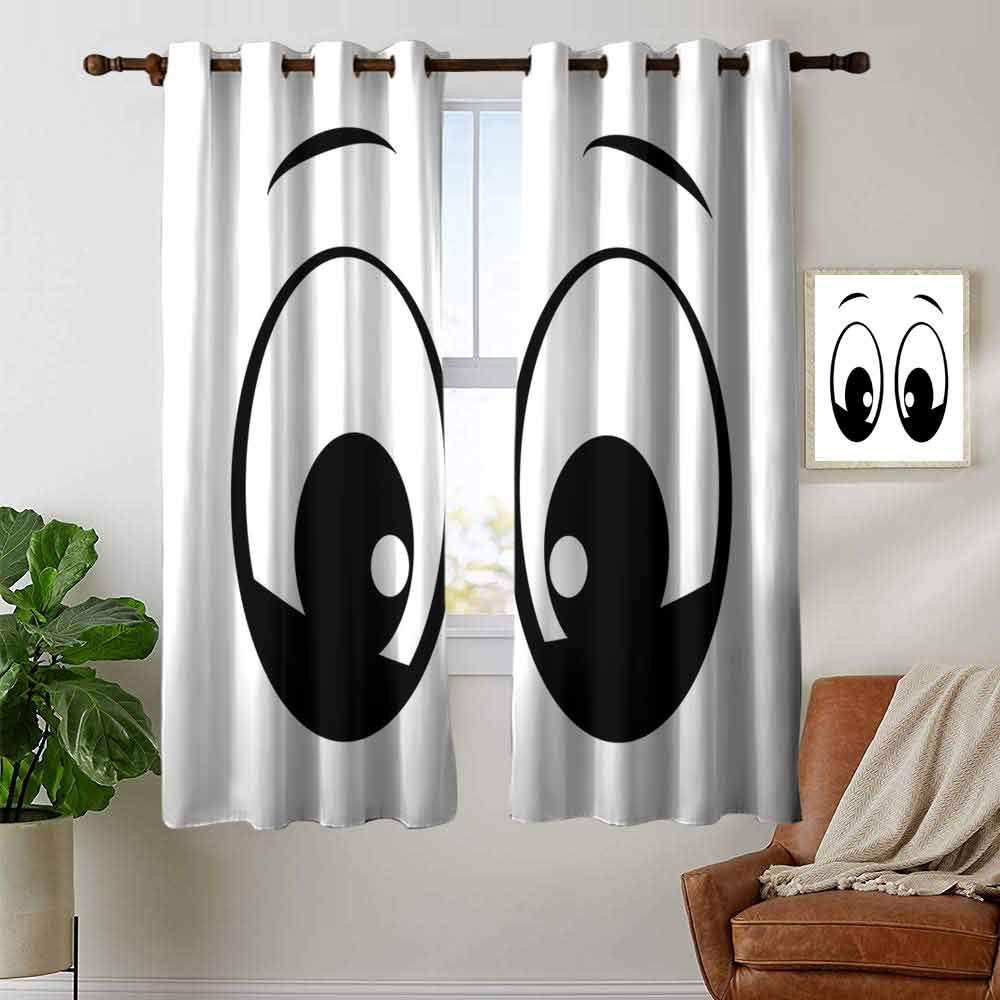 petpany bedroom curtains Eye,Surprised Look a Cute Cartoon Character Amazed and Startled Childish Design for Kids,Black White,Thermal Insulated Room Darkening Window Shade 52"x63"