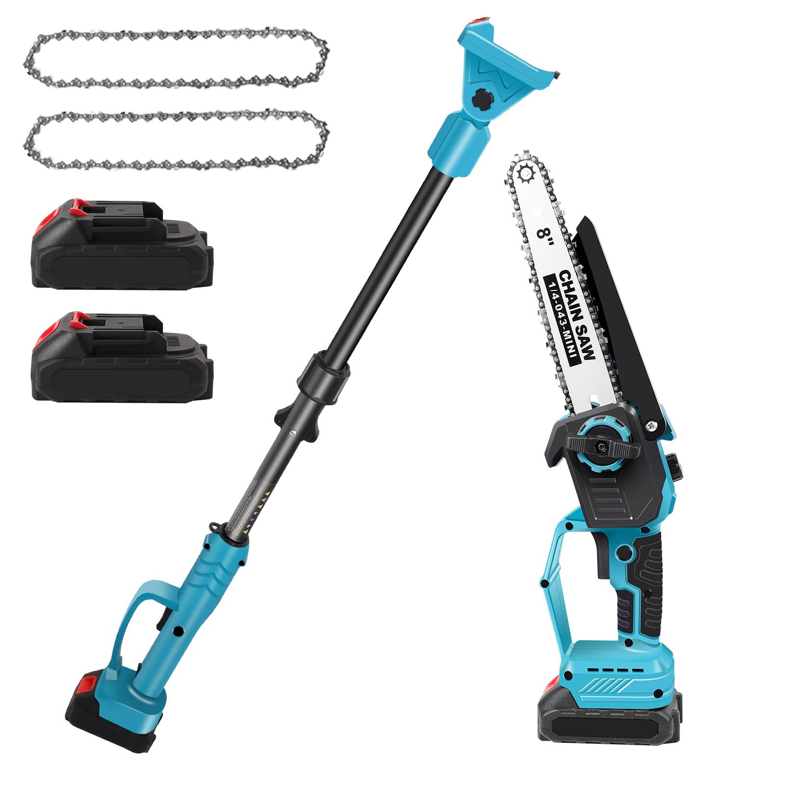 Podadora inalámbrica 2 en 1 y mini motosierra de 8 pulgadas con 2 baterías de 6000 mAh y cargador, motor sin escobillas, barra telescópica de 2,8 m, para árboles y ramas altas (2 baterías de 6000 mAh)