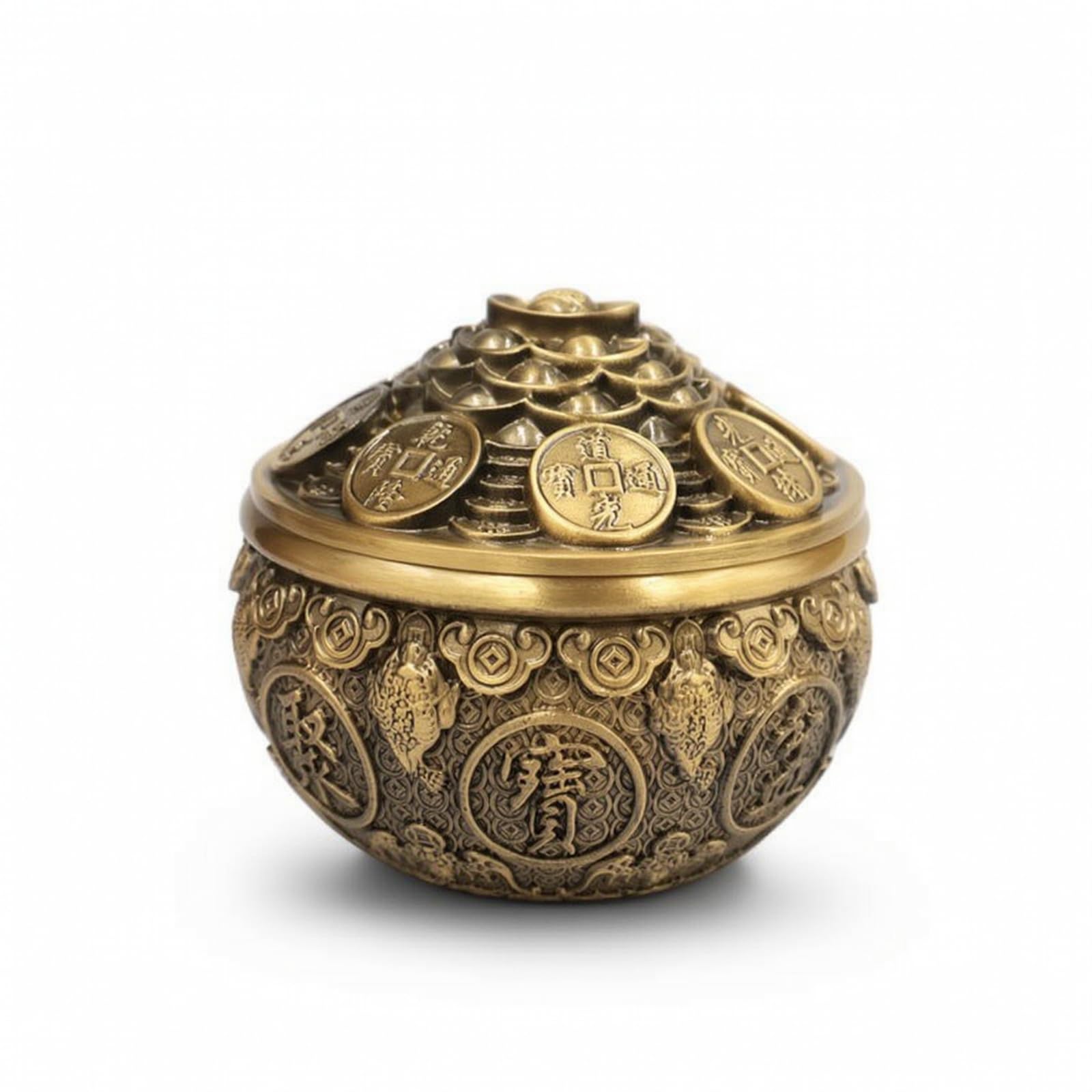 Ciotola del Tesoro Compatto Ciotola di Ottone Pesante Ornamento da Tavolo per Soggiorno, 4 Pollici, Vaso del Tesoro Jinchan con Coperchio Stile Anticato