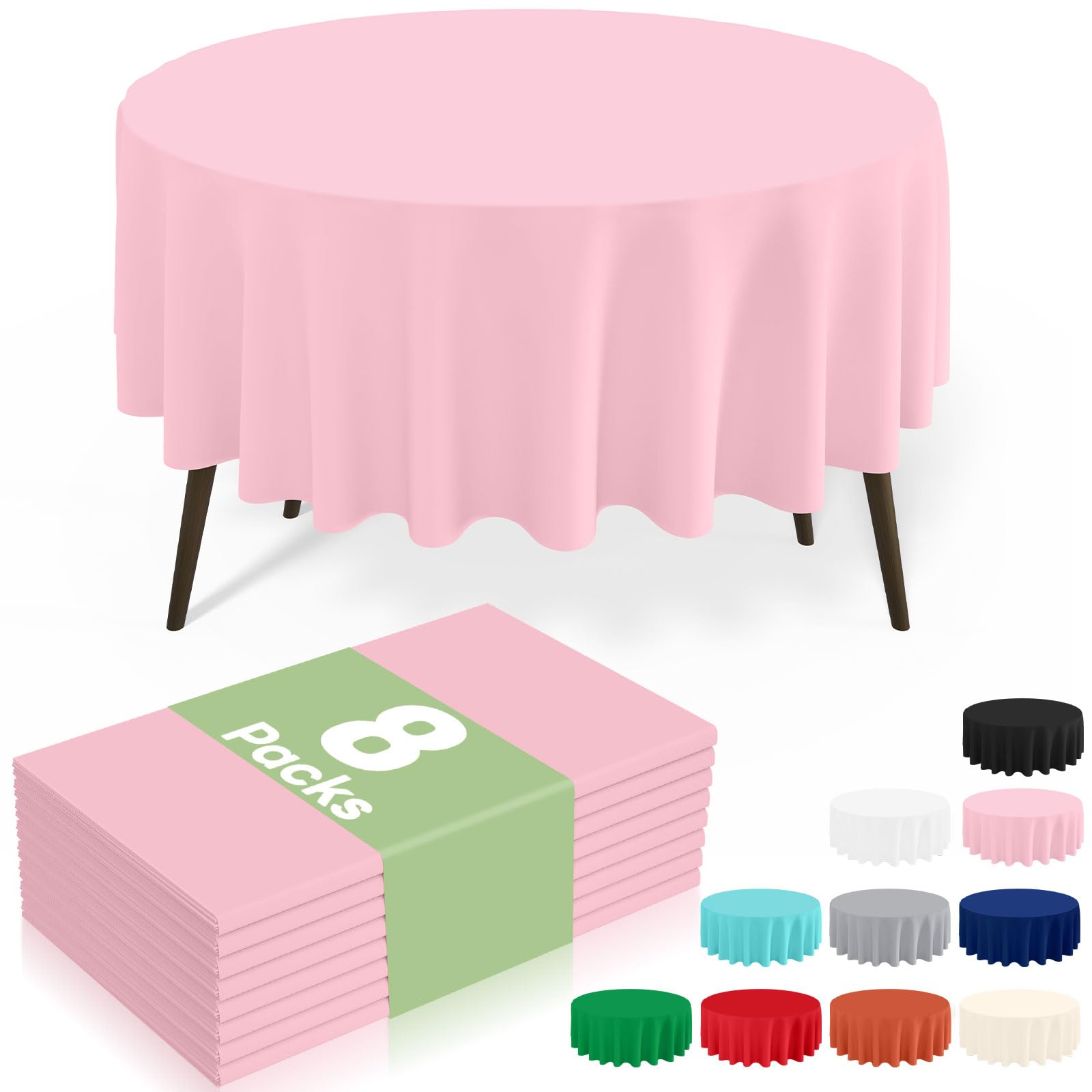 misaya 8 Packs Disposable Plastic Table Cloth, 84" Round Waterproof Tablecloth, Leakproof &amp; Sturdy Decorative Table Covers for Picnic, Party, Outdoor and Back to School, Pink