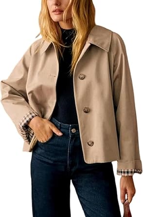 Womens Cropped Trench Coat Classic Collar Oversized Casual Jackets with Checkered Lining