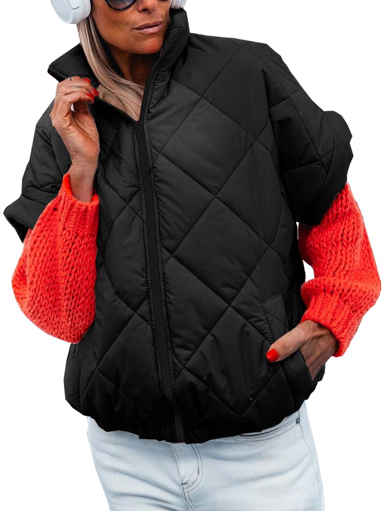 Women's Puffer Vest Stand Collar Zipper Short sleeve Jackets Fashion Winter Lightweight Vests Warm Padded Jacket Coat