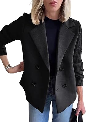 ebossy Women's Double Breasted Wool Pea Coat Notched Lapel Ribbed Knit Long Sleeve Sweater Short Blazer Jacket
