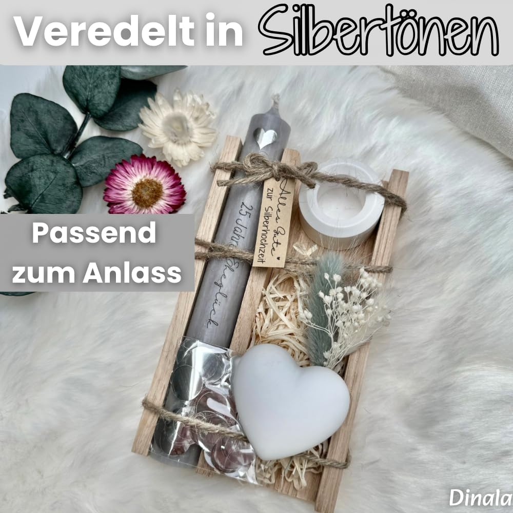 Silberhochzeit Geschenk - 25 Jahre Eheglück - Geldgeschenk - liebevolle Silberhochzeit Geschenkideen - Silberne Hochzeit - Trockenblumen - Holzbox mit Kerze
