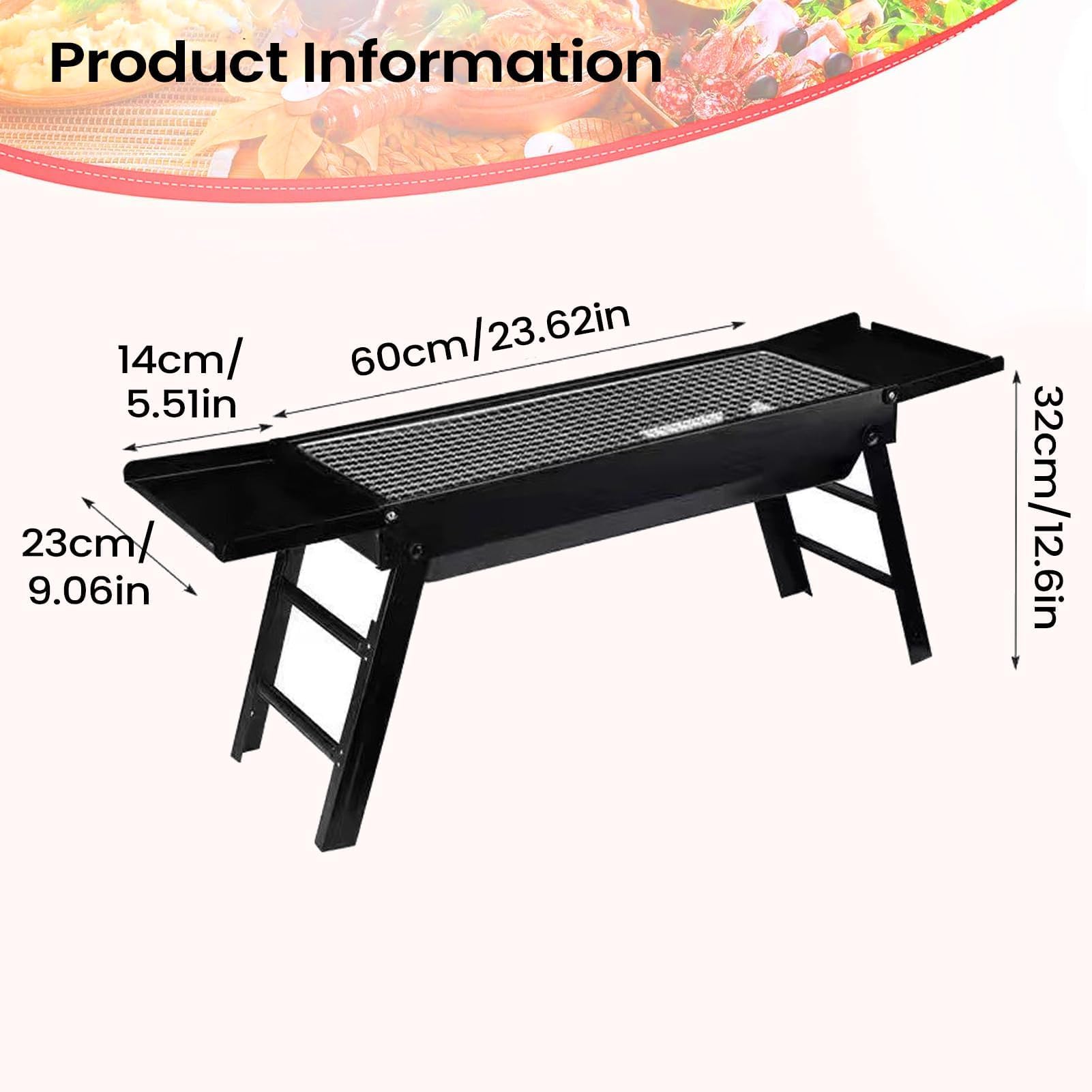 Przenośny grill na węgiel drzewny 88 x 22 x 31 cm składany sprzęt do grillowania na świeżym powietrzu na piknik kempingowy i spotkania ogrodowe, kompaktowa konstrukcja, łatwy do przenoszenia i