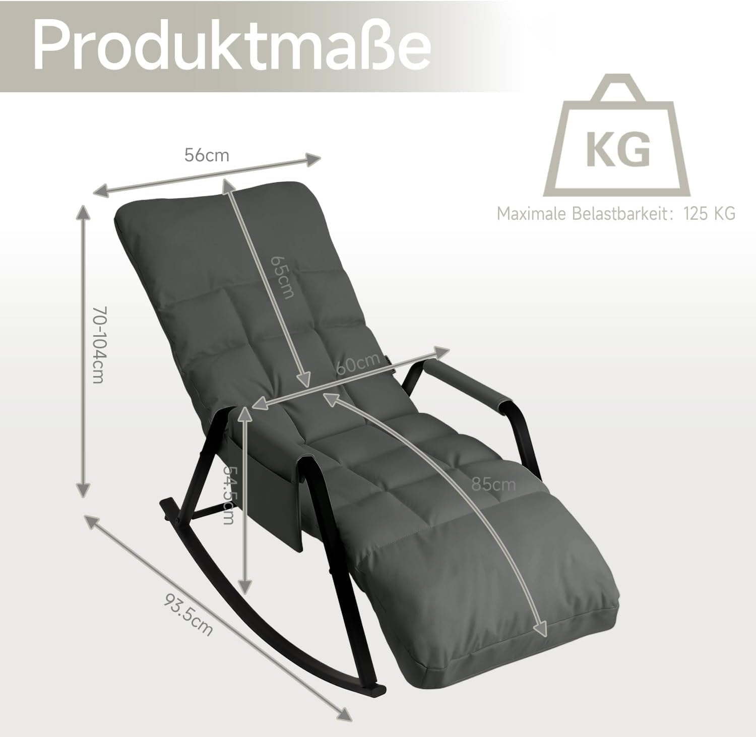 Schaukelstuhl Schaukelsessel mit PU-Leder,160°Neigung 5-Fach Verstellbare Rückenlehne,Ergonomischer Relaxsessel mit Metallgestell für Wohnzimmer Schlafzimmer,Grau