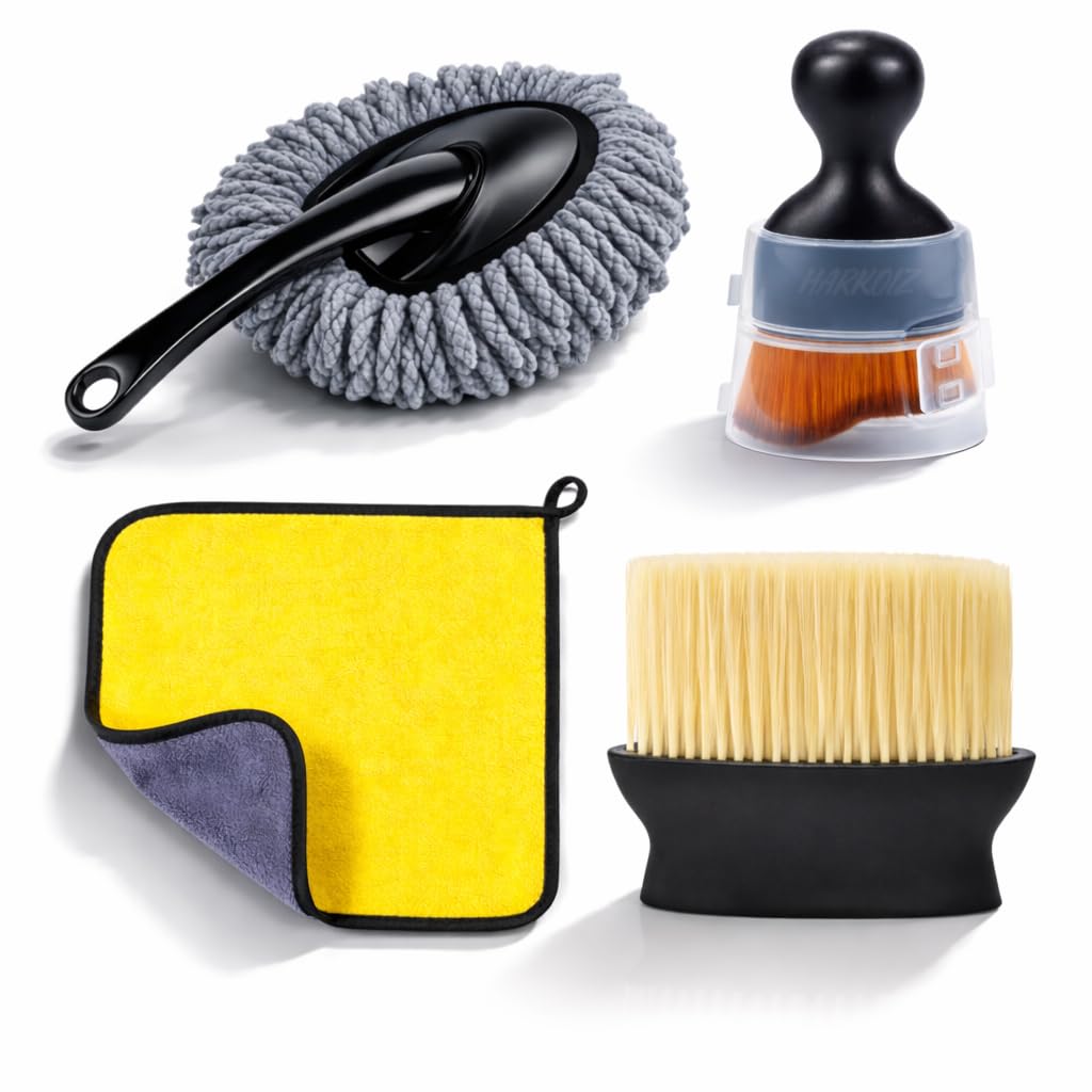 4-in-1 Car Cleaning Kit – Microfiber Car Duster with Handle, Ultra-Soft Detailing Brush & 40x30 cm Microfiber Towel | Scratch-Free Interior & Exterior Cleaning Combo for Dashboard, AC Vent & Car Body