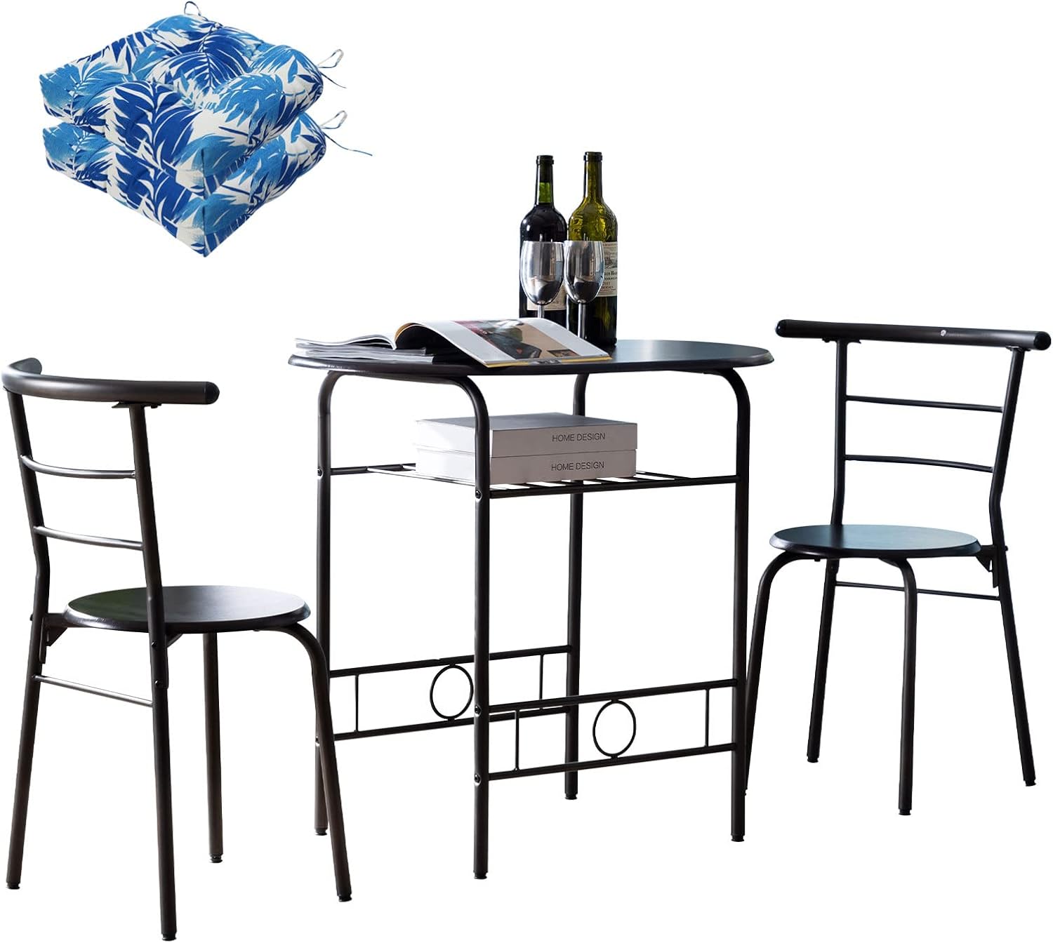 Bonzy Home 3-Piece Dining Table Set, Wooden Round Table & Chair Set for Kitchen, Dining Room, Outdoor bar, Compact Space/Steel Frame, Built-in Wine Rack - Table & Chair Sets