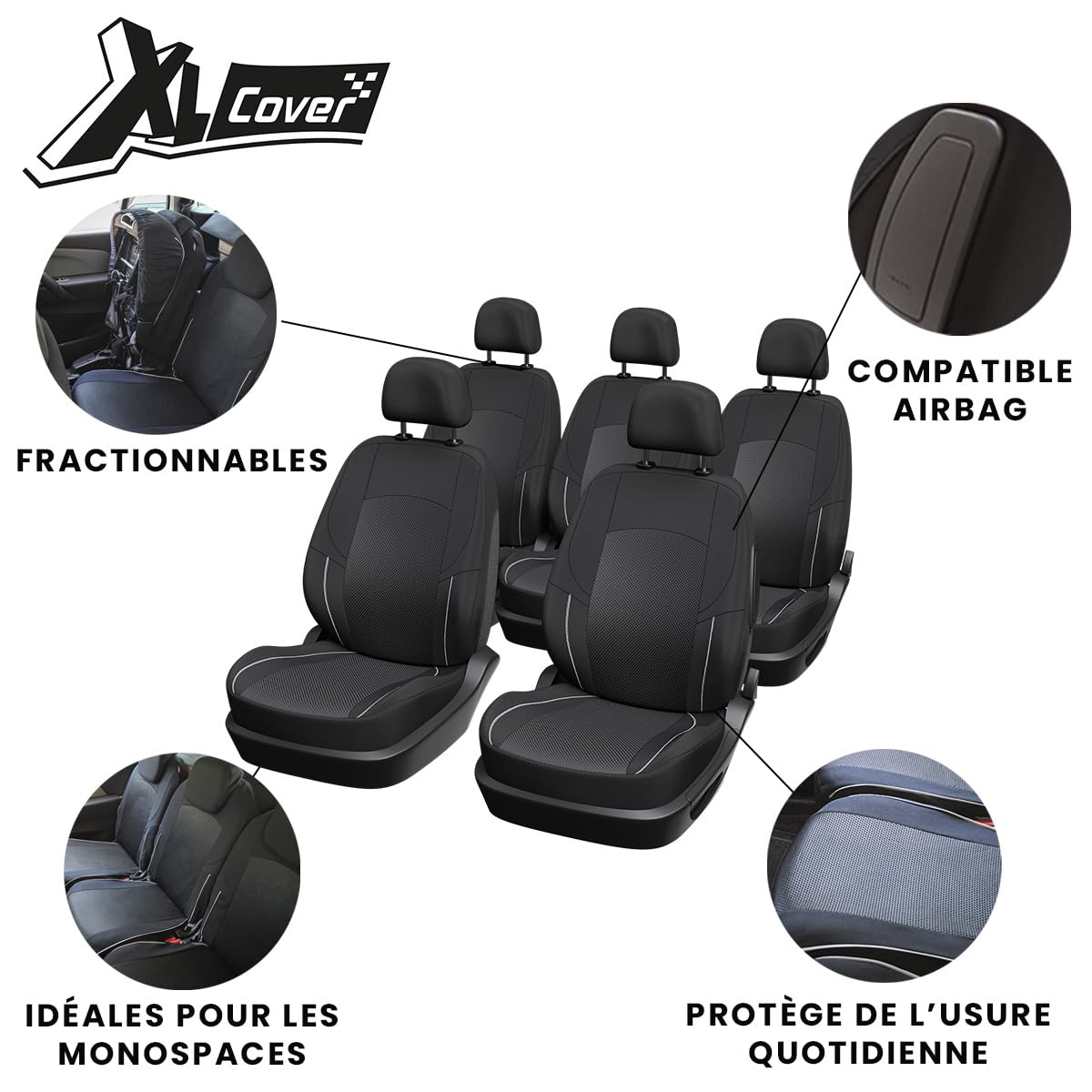 167002 Housses de sièges fractionnables monospaces, Noir
