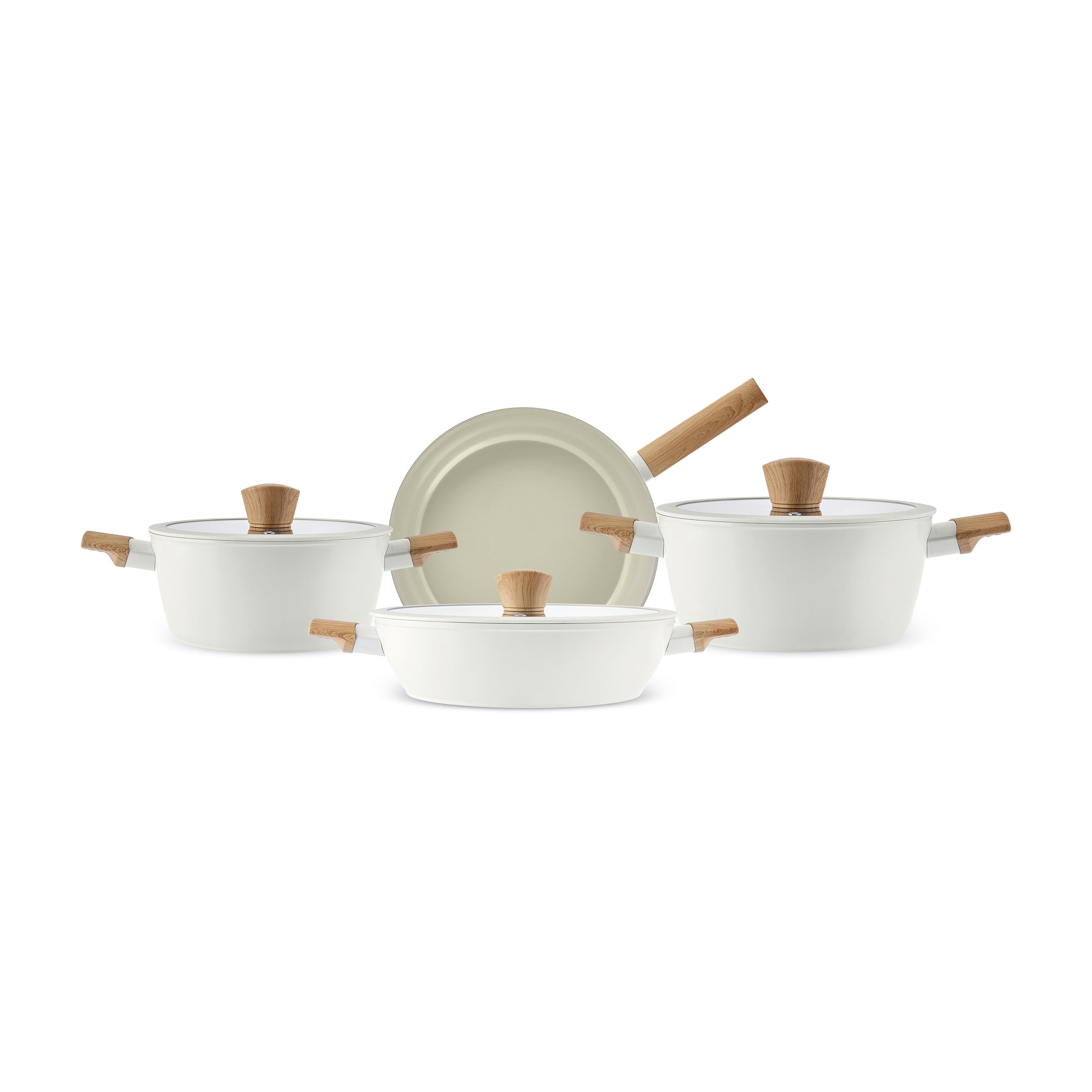 Karaca Swiss Crystal Ceramic Almond Cookware Set - Non Stick Pots and Pans Set with Lid - PFAS-Free, Induction Hob Compatible Cookware, Cream, 7 Piece